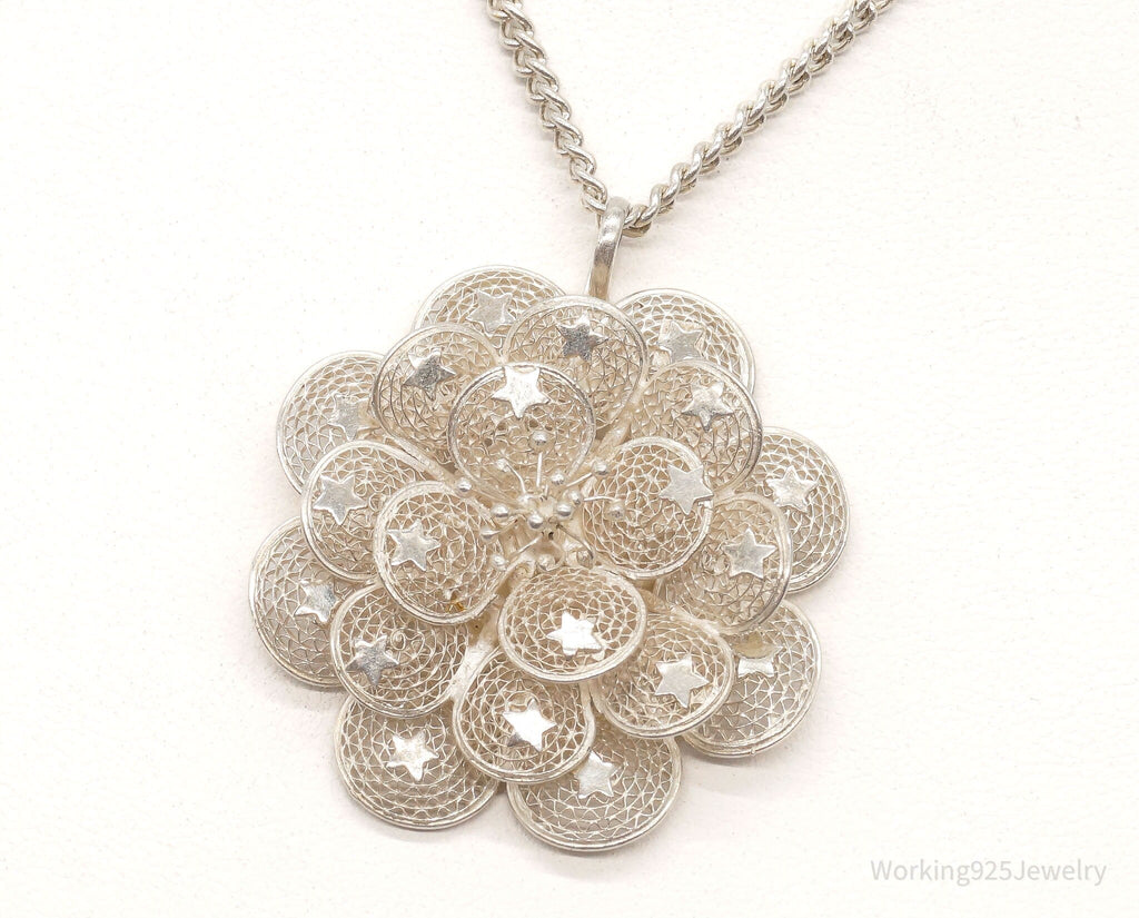 Vintage Large Filigree Flower Star Petals Silver Chain Necklace | Jewelry > Necklaces > Pendants | Wiccan Center