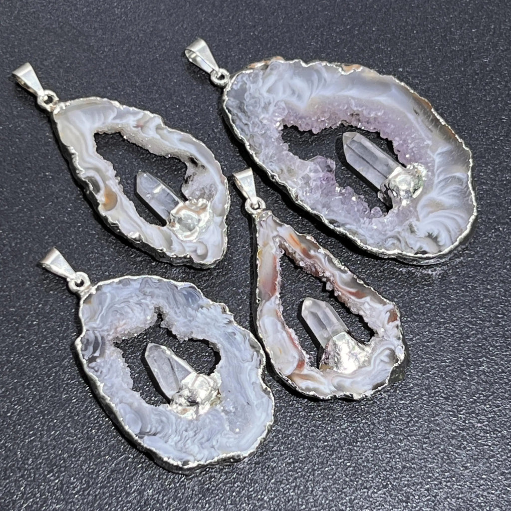 Large Brazilian Oco Geode Pendant Silver Plated with Clear Quartz | Craft Supplies & Tools > Beads, Gems & Cabochons > Charms & Pendants > Pendants | Wiccan Center