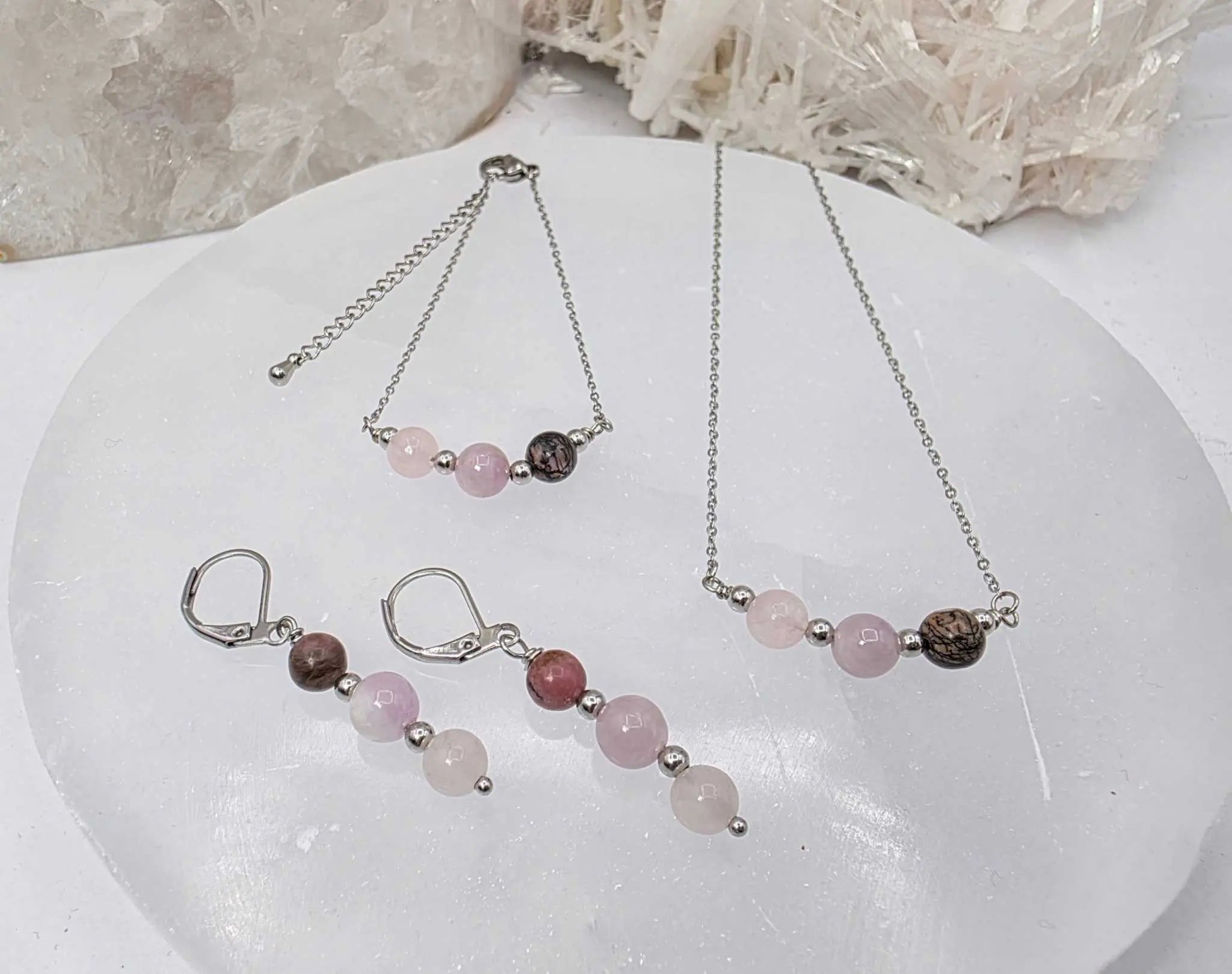 I AM ENOUGH -Kunzite, Rose Quartz, Rhodonite Gem Jewelry Set | Jewelry Set | Wiccan Center