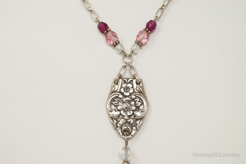 Vintage Floral Spoon Repousse Glass Heart Crystal Sterling Silver Necklace | Jewelry > Necklaces > Pendants | Wiccan Center