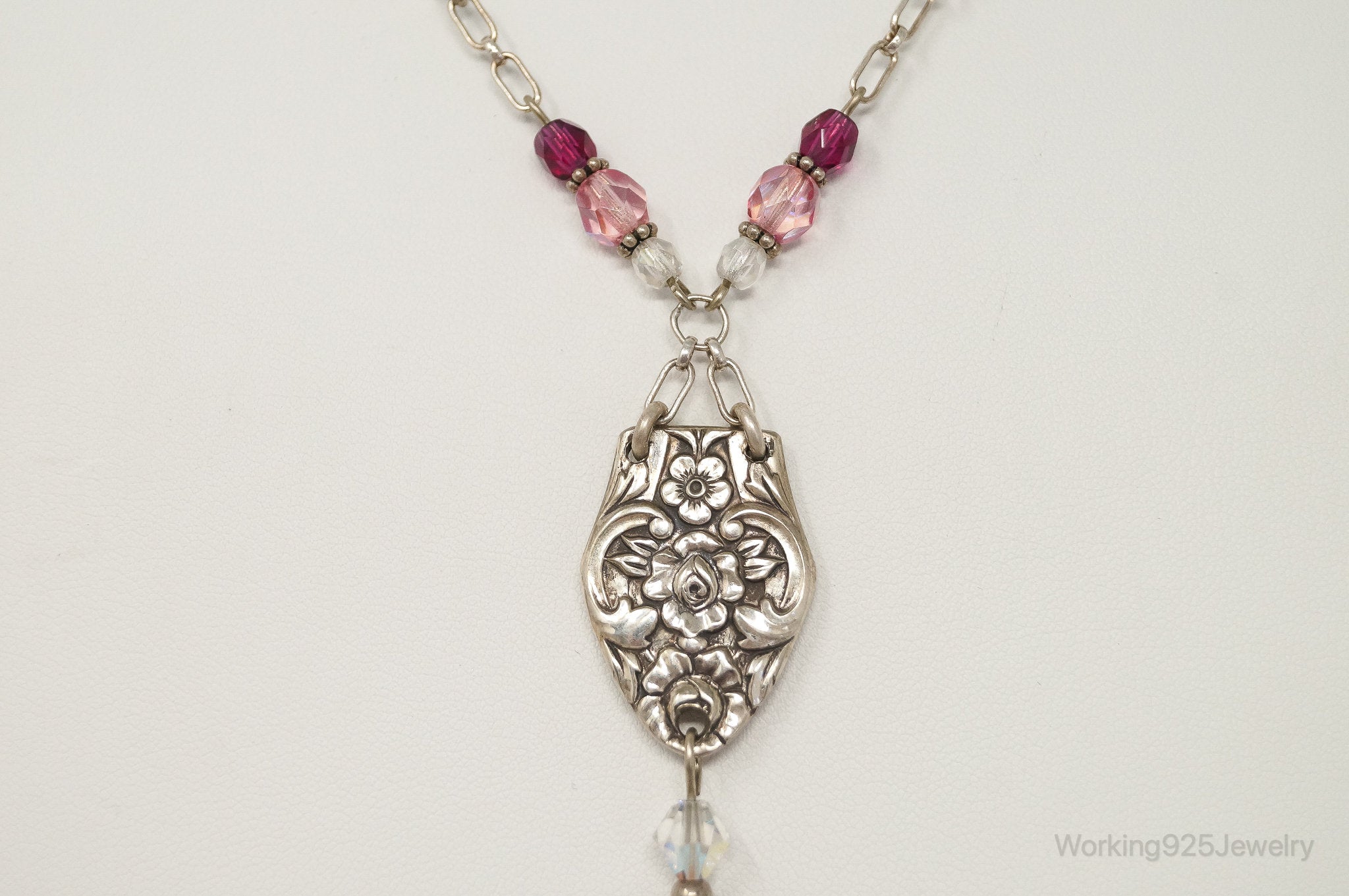 Vintage Floral Spoon Repousse Glass Heart Crystal Sterling Silver Necklace | Jewelry > Necklaces > Pendants | Wiccan Center