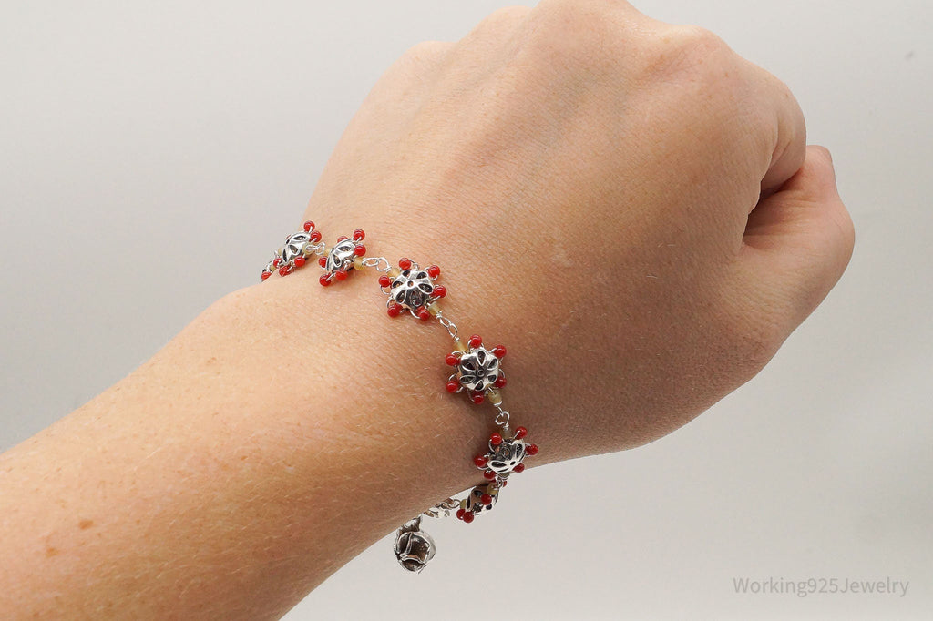 Vintage Intricate Glass Beads Flowers Sterling Silver Bracelet | Jewelry > Bracelets | Wiccan Center
