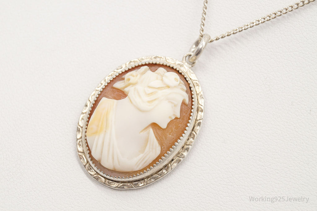 Antique Large Carved Shell Woman Cameo Sterling Silver Necklace | Jewelry > Necklaces > Pendants | Wiccan Center