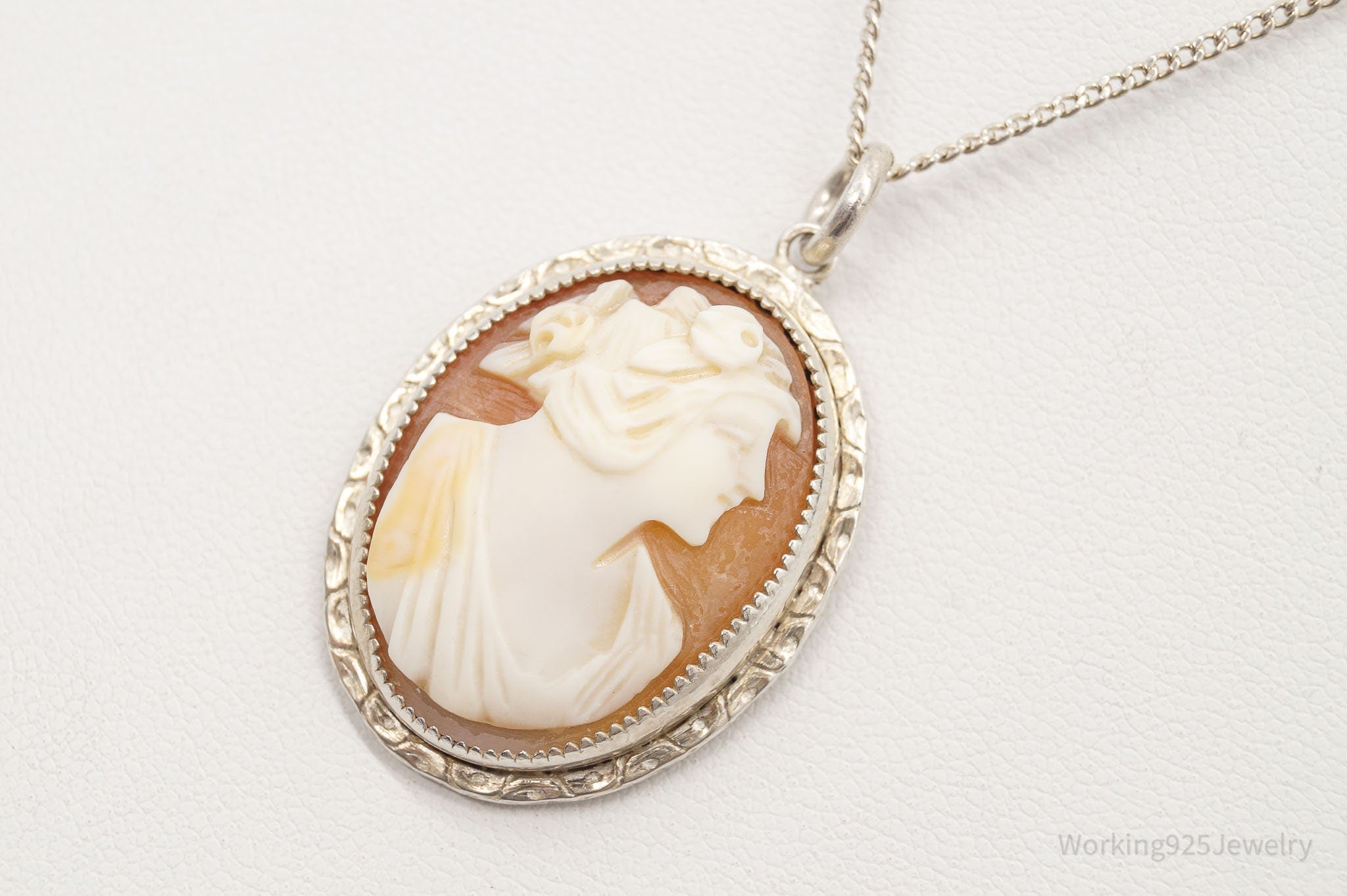Antique Large Carved Shell Woman Cameo Sterling Silver Necklace | Jewelry > Necklaces > Pendants | Wiccan Center