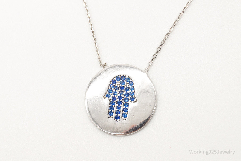 Vintage Blue Cubic Zirconia Hamsa Hand Sterling Silver Necklace | Jewelry > Necklaces > Pendants | Wiccan Center