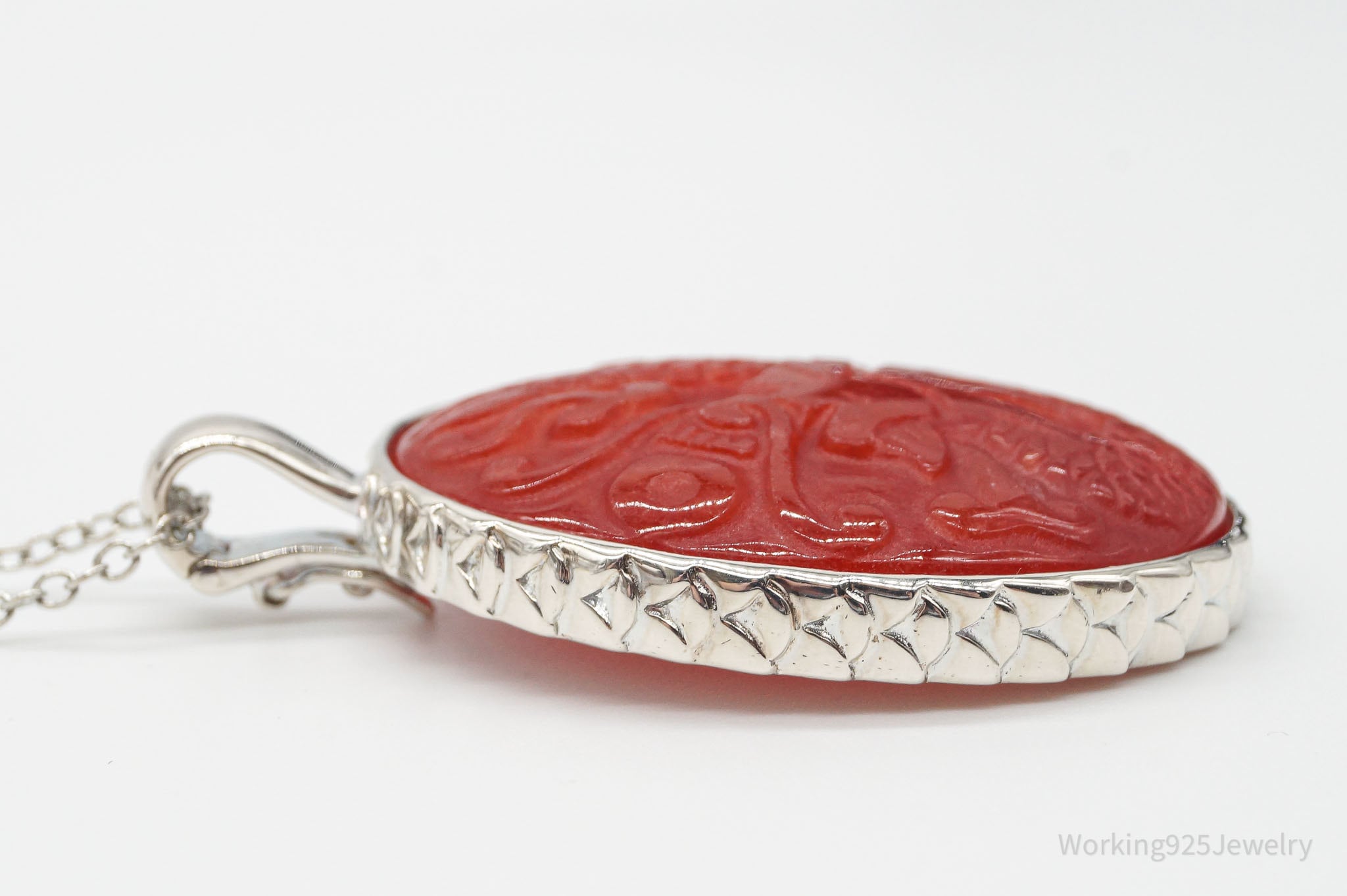 Large Vintage Carved Carnelian Dragon Sterling Silver Necklace | Jewelry > Necklaces > Pendants | Wiccan Center