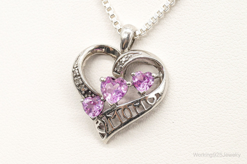 Vintage Pink Topaz Two Diamond Heart Mom Sterling Silver Necklace | Jewelry > Necklaces > Pendants | Wiccan Center