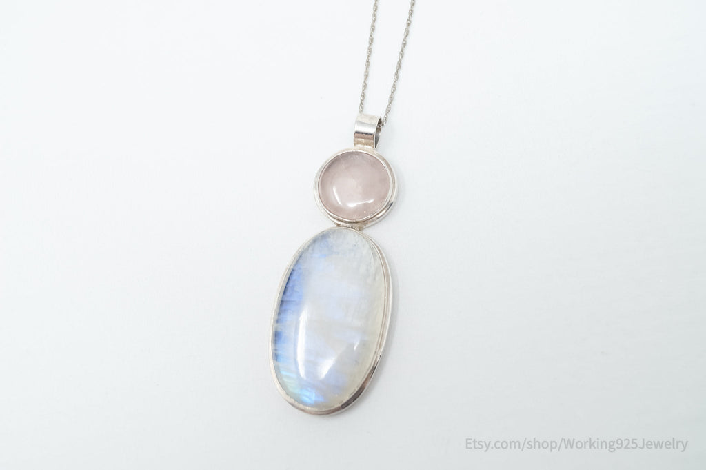 Vintage Large Moonstone Rose Quartz Sterling Silver Southwestern Necklace | Jewelry > Necklaces > Pendants | Wiccan Center