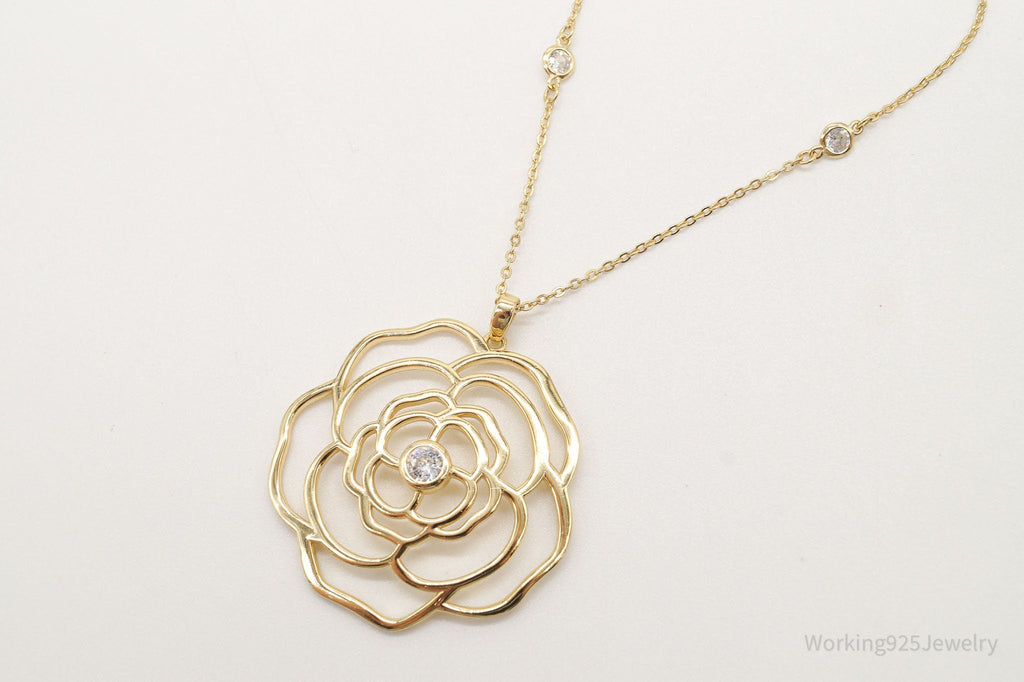 Vintage Cubic Zirconia Gold Vermeil Sterling Silver Flower Necklace 18" | Jewelry > Necklaces > Pendants | Wiccan Center