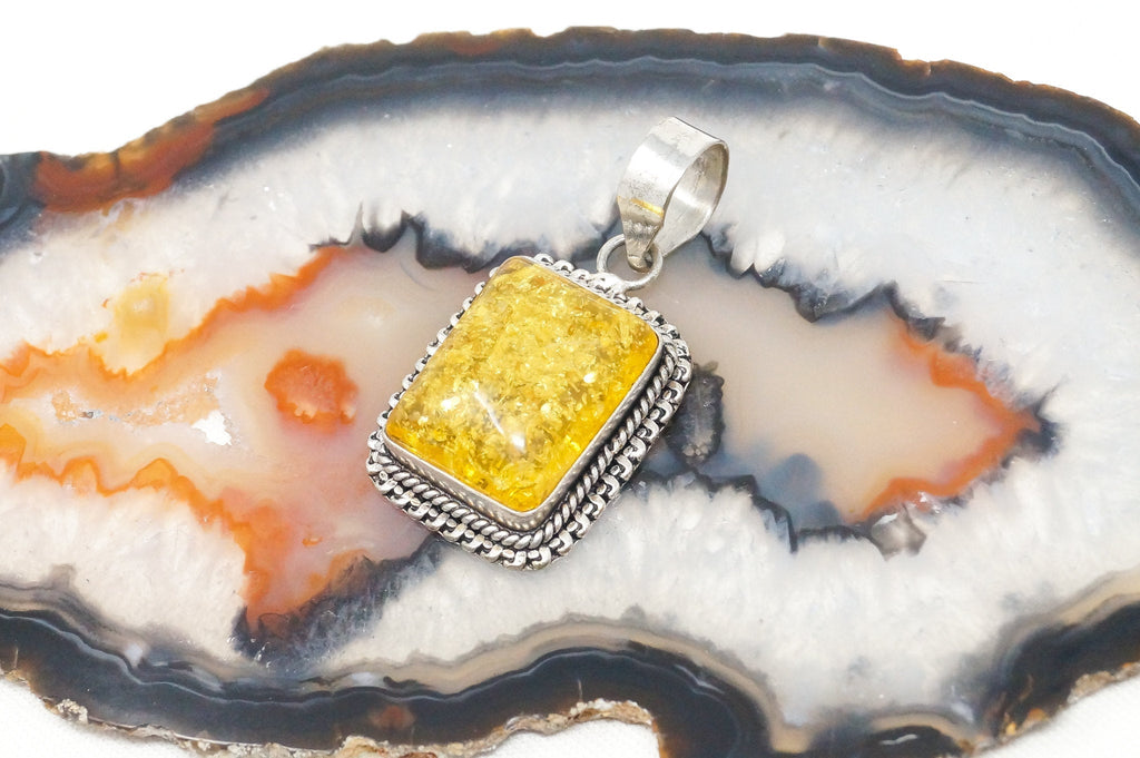 Large Vintage Amber Modernist Sterling Silver Necklace Pendant | Jewelry > Necklaces > Pendants | Wiccan Center