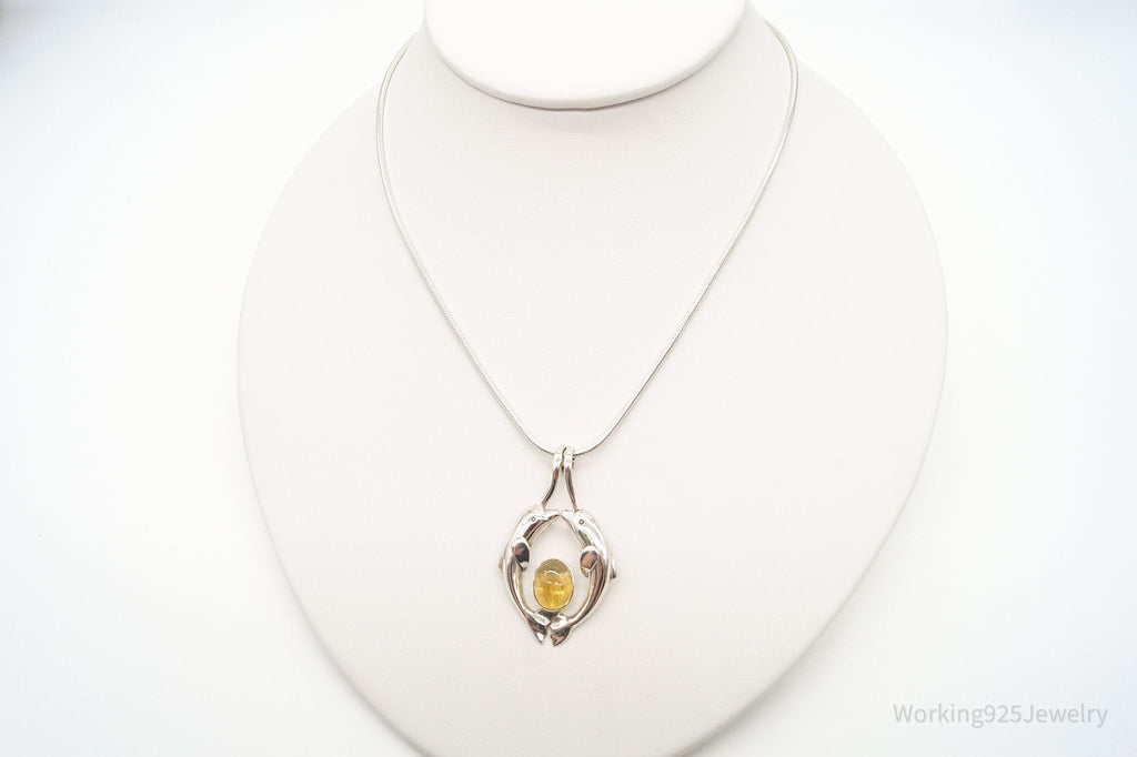 Vintage Large Kissing Dolphins Citrine Sterling Silver Necklace | Jewelry > Necklaces > Pendants | Wiccan Center