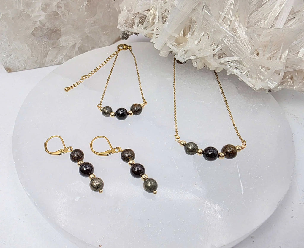 STAY IN MY POWER - Pyrite, Bronzite, Garnet Jewelry Set | Jewelry Set | Wiccan Center
