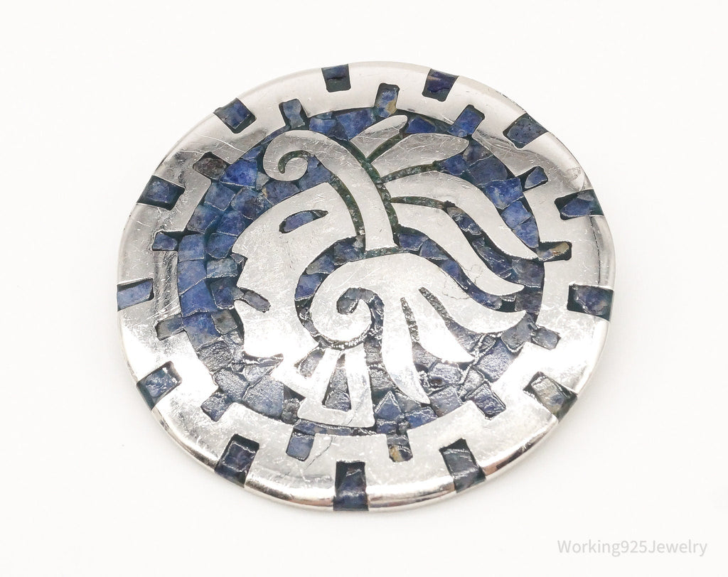 Vintage Mexico Handmade Sodalite Inlay Aztec Sterling Silver Pendant Pin | Jewelry > Necklaces > Pendants | Wiccan Center