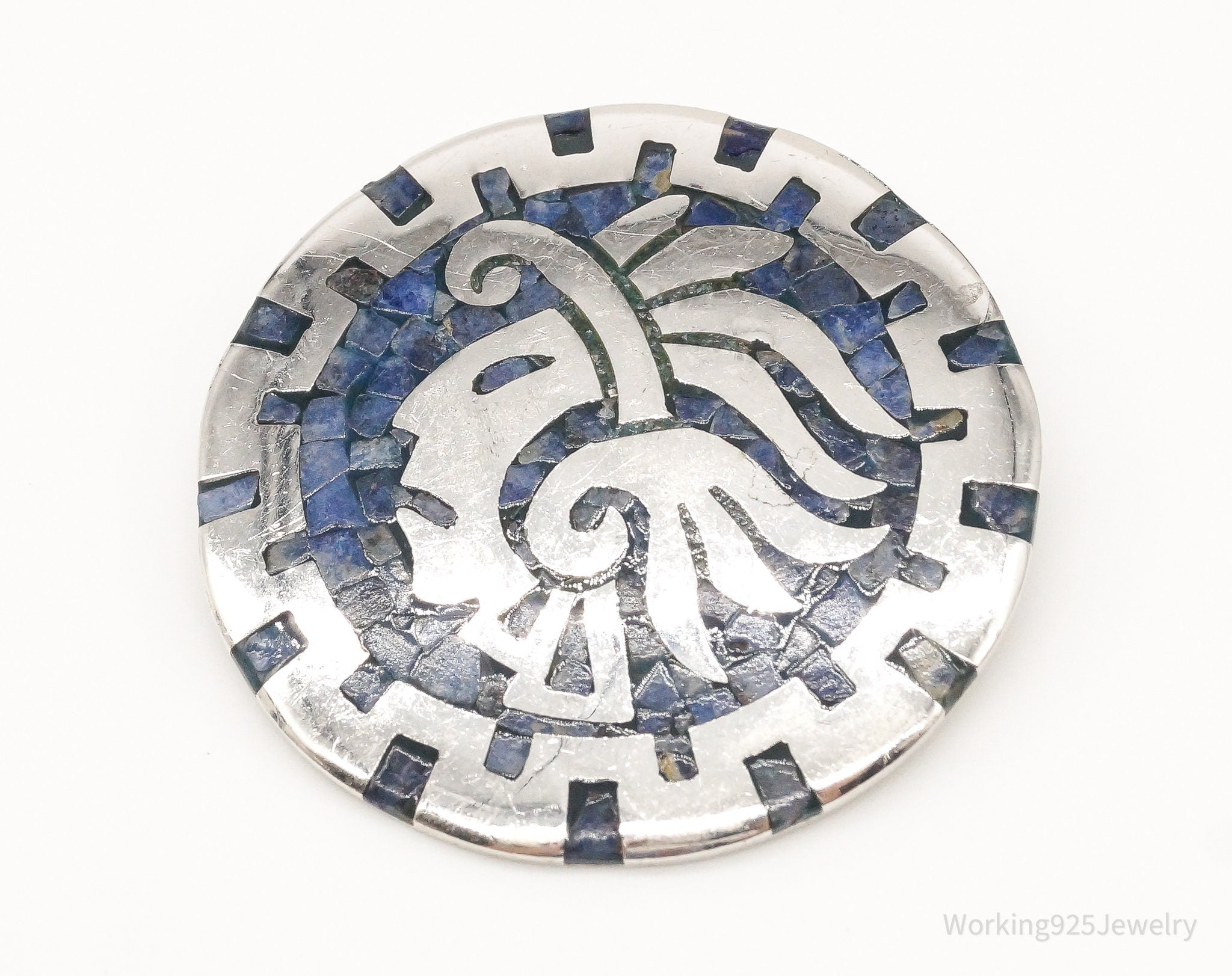 Vintage Mexico Handmade Sodalite Inlay Aztec Sterling Silver Pendant Pin | Jewelry > Necklaces > Pendants | Wiccan Center