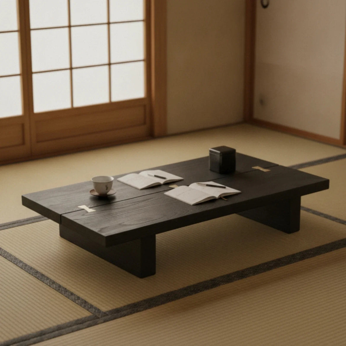 Wabi-Sabi Low Wood Tea Table with Brass Inlay | Compact Floor Table | Table | Wiccan Center