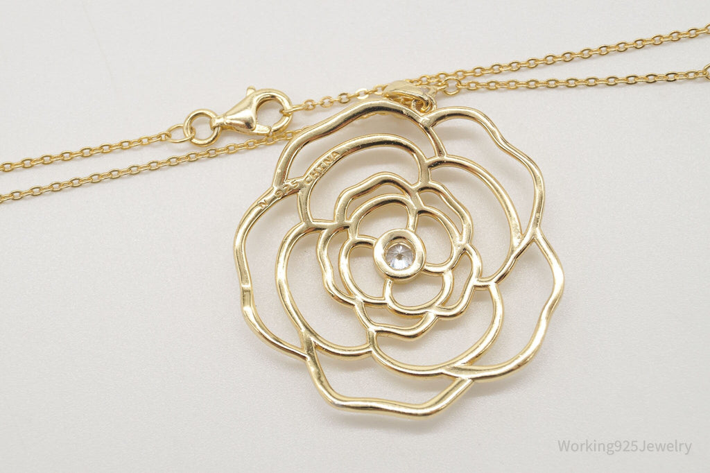 Vintage Cubic Zirconia Gold Vermeil Sterling Silver Flower Necklace 18" | Jewelry > Necklaces > Pendants | Wiccan Center