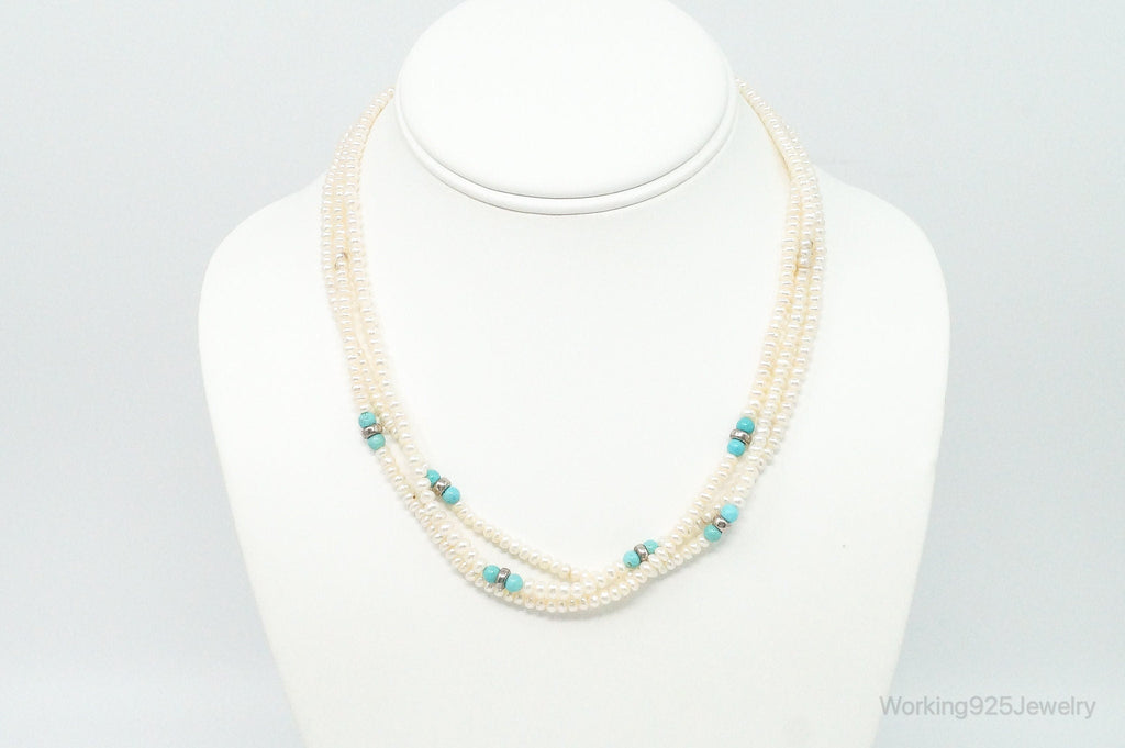 Vintage Native American Turquoise & Pearl Sterling Silver Bead Necklace | Jewelry > Necklaces > Pendants | Wiccan Center