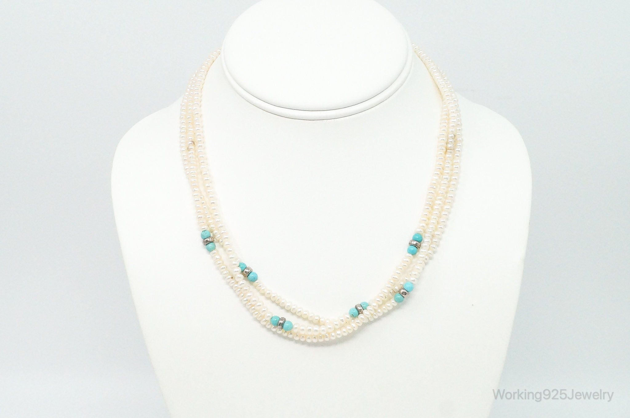 Vintage Native American Turquoise & Pearl Sterling Silver Bead Necklace | Jewelry > Necklaces > Pendants | Wiccan Center