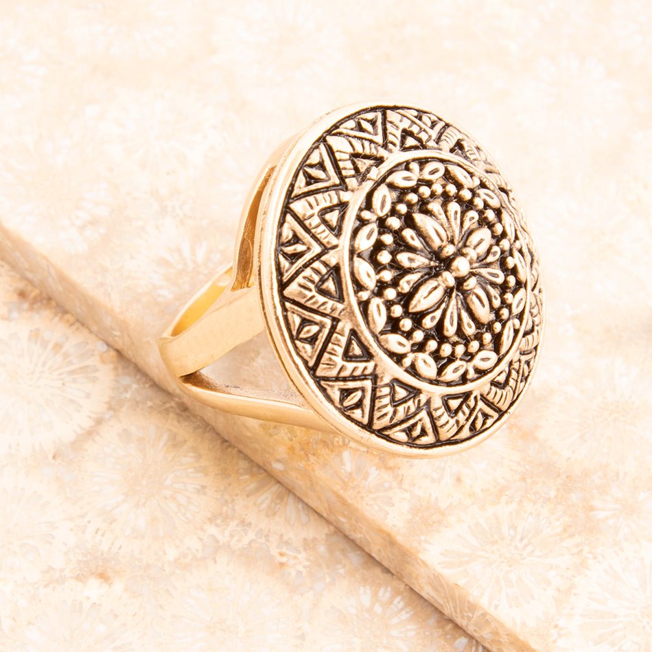 Engraved Golden Bronze Statement Ring | Rings | Wiccan Center