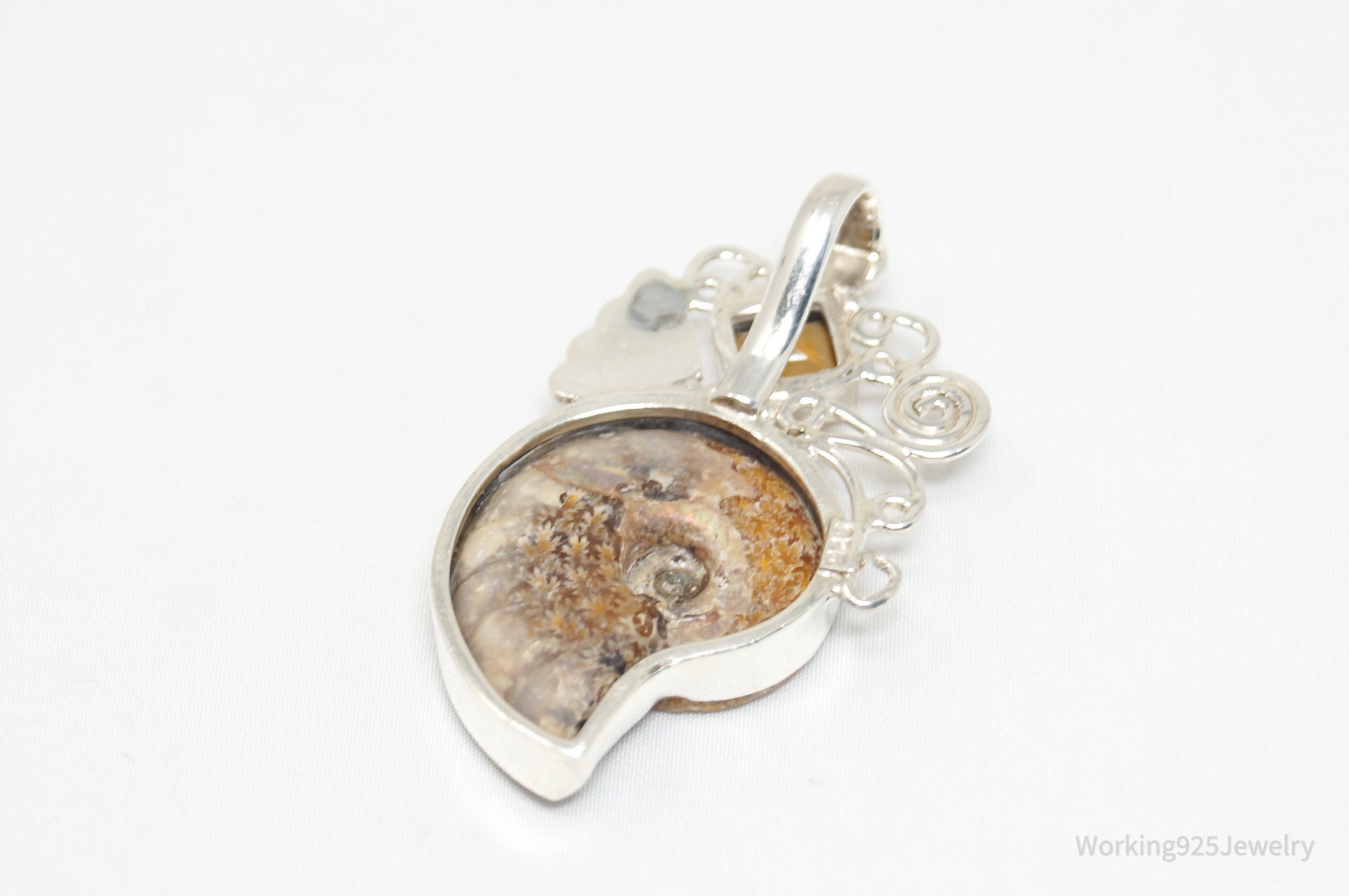 Vintage Large Ammonite Fossil Shell Citrine Sterling Silver Necklace Pendant | Jewelry > Necklaces > Pendants | Wiccan Center