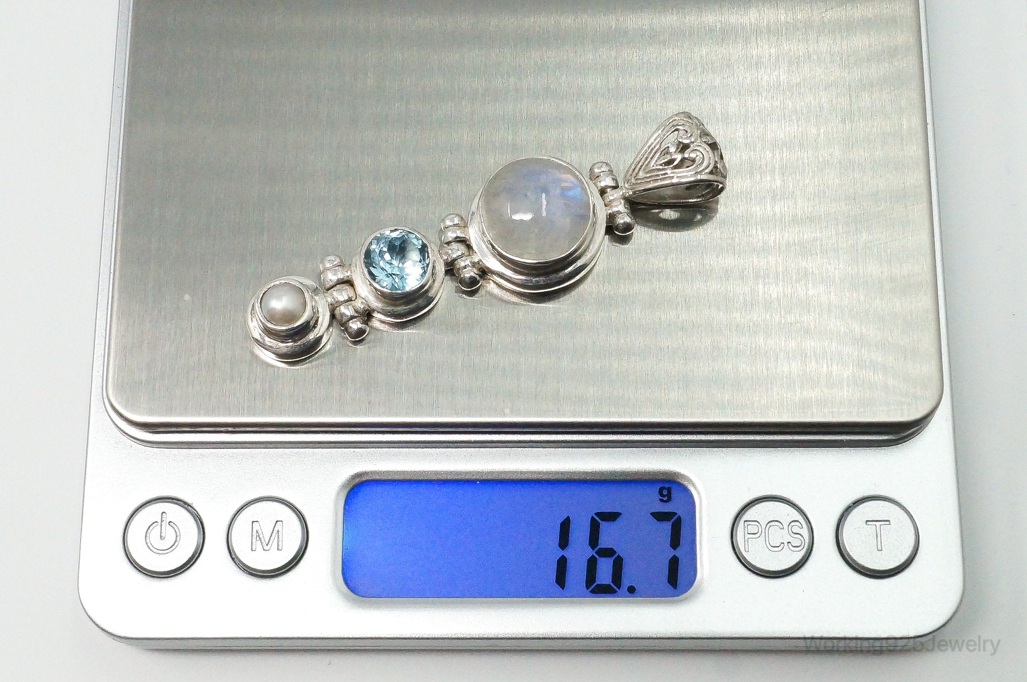 Large Designer SJ Blue Topaz Moonstone Pearl Sterling Necklace Pendant | Jewelry > Necklaces > Pendants | Wiccan Center