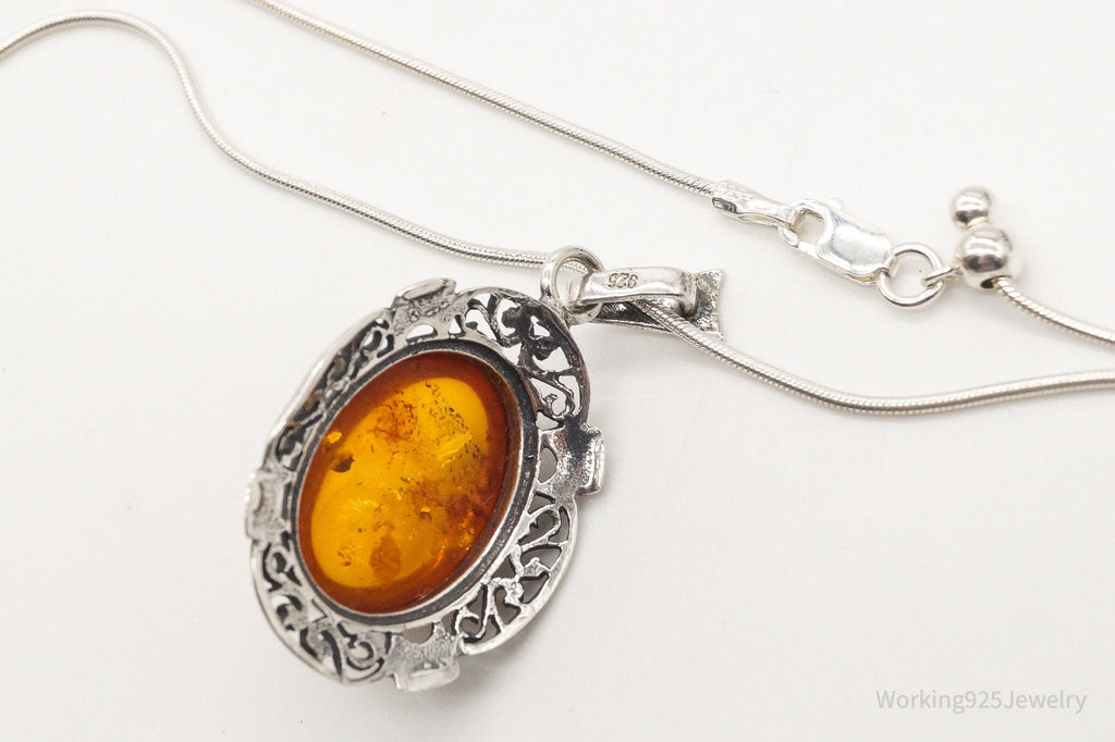 Vintage Large Amber Sterling Silver Adjustable Chain Necklace | Jewelry > Necklaces > Pendants | Wiccan Center