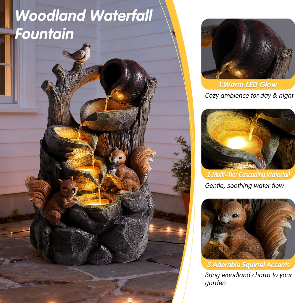 Resin Squirrel Tree Stump Outdoor Fountain 30 Inch LED