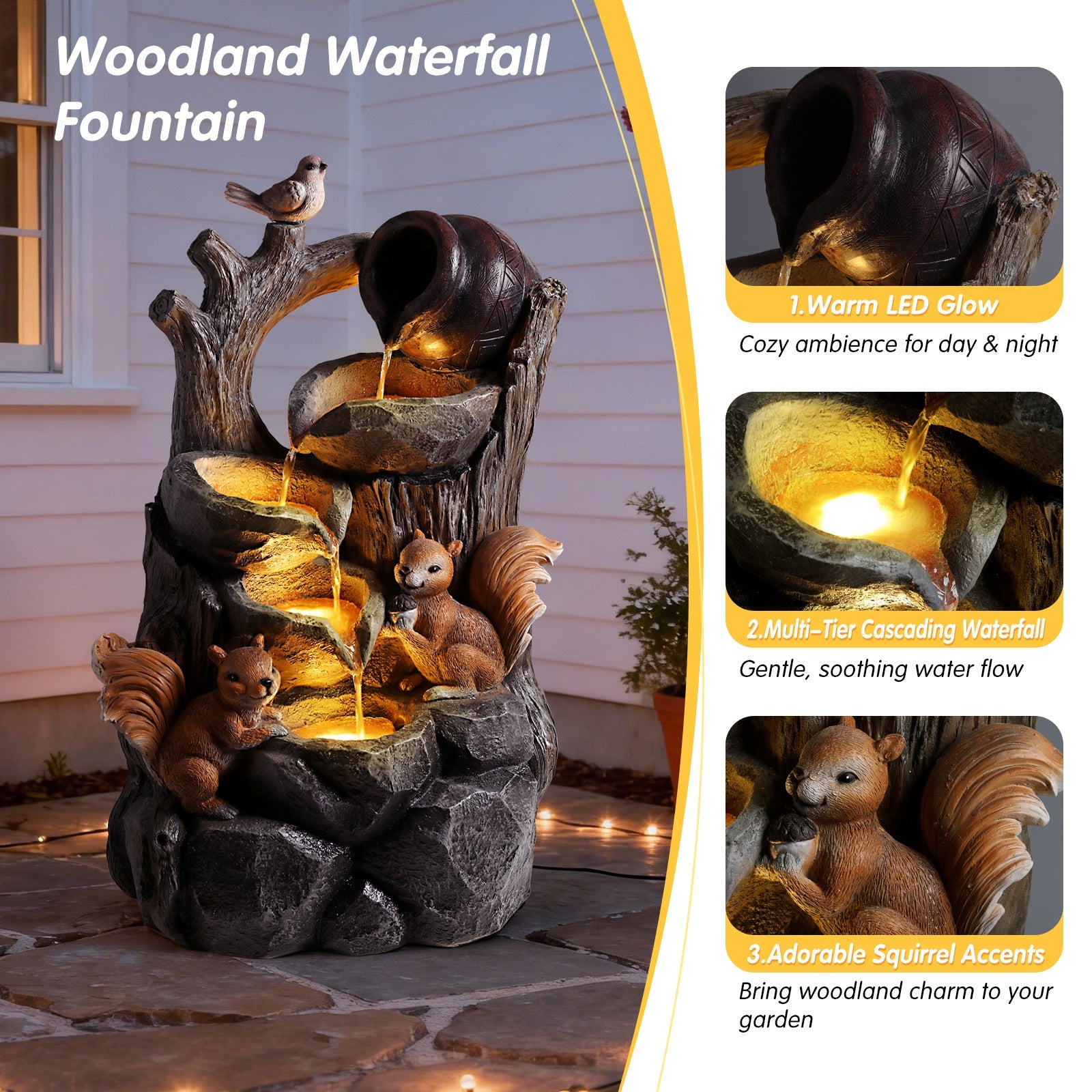 Resin Squirrel Tree Stump Outdoor Fountain 30 Inch LED