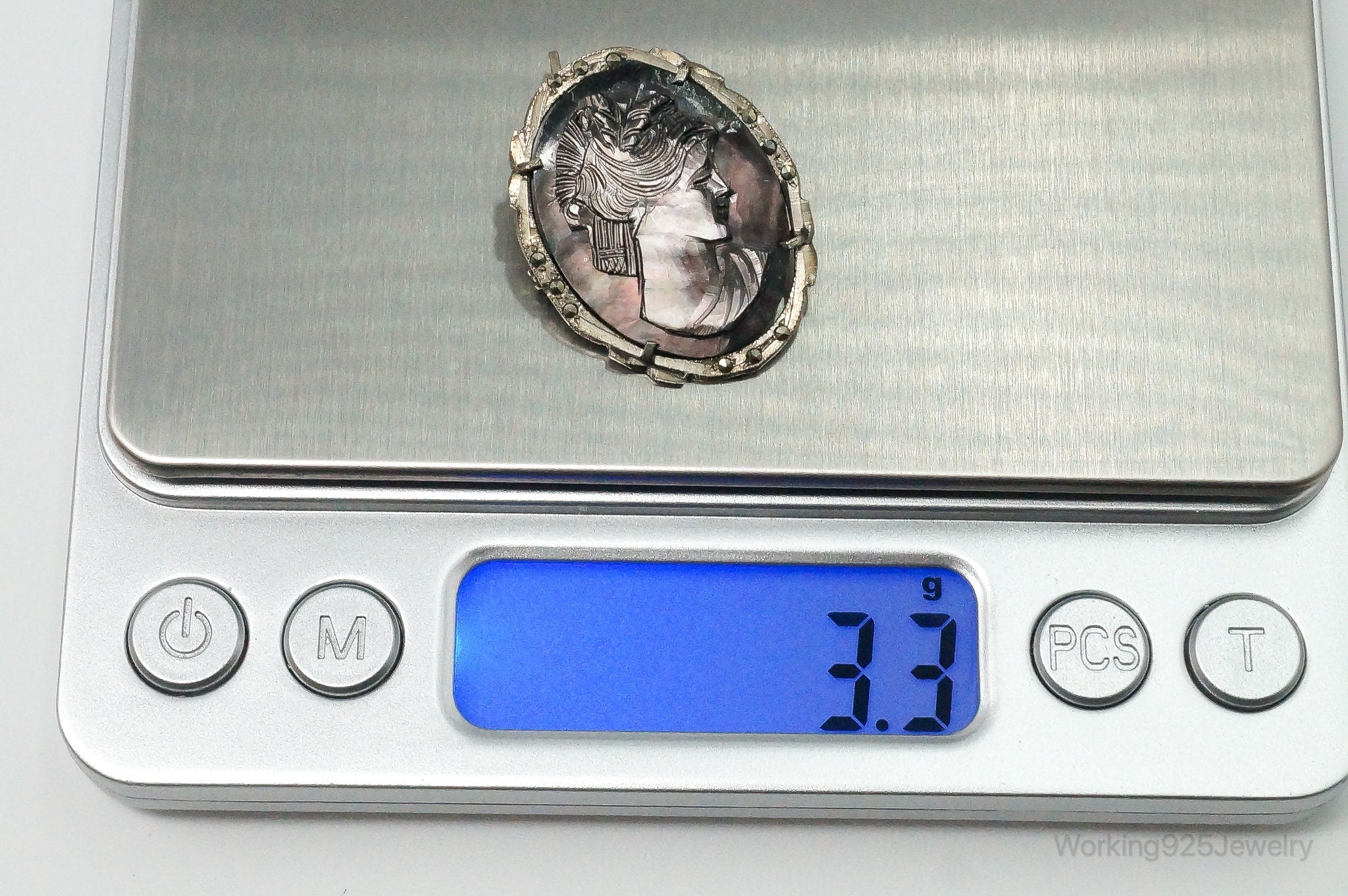Antique Carved Abalone Shell Marcasite Woman Cameo 800 Silver Pendant Pin | Jewelry > Necklaces > Pendants | Wiccan Center