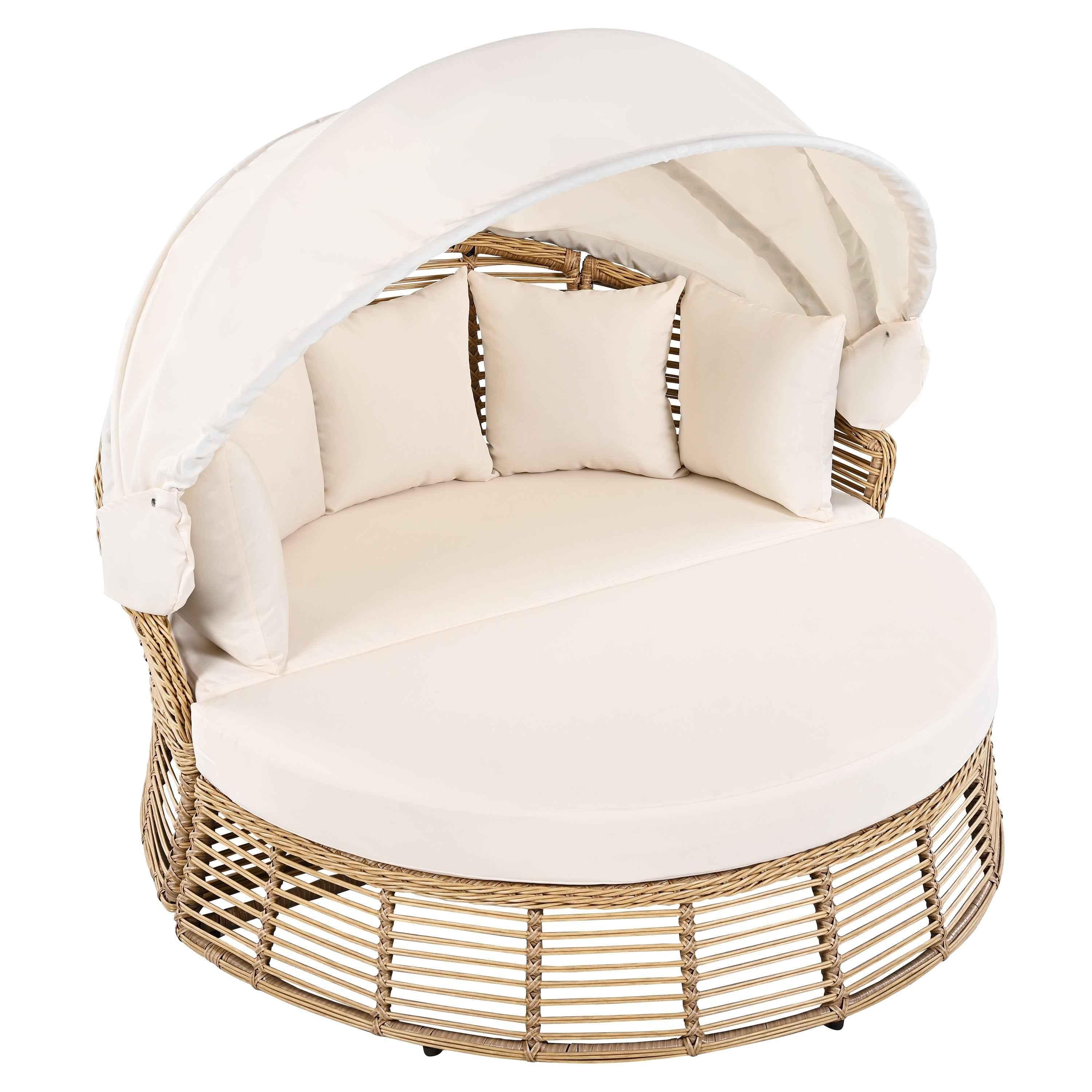 Outdoor Patio Rattan Round Daybed with Retractable Canopy, Wicker | Furniture | Wiccan Center