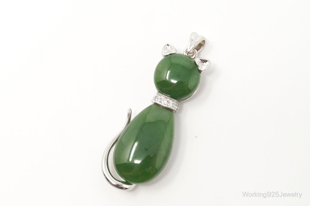 Large Kitten Cat Nephrite Cubic Zirconia Sterling Silver Necklace Pendant | Jewelry > Necklaces > Pendants | Wiccan Center