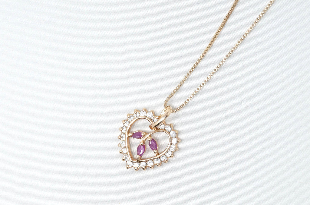 Vtg Ruby Simulated Heart Accented Rose Gold Vermeil Sterling Silver Necklace 18" | Jewelry > Necklaces > Pendants | Wiccan Center