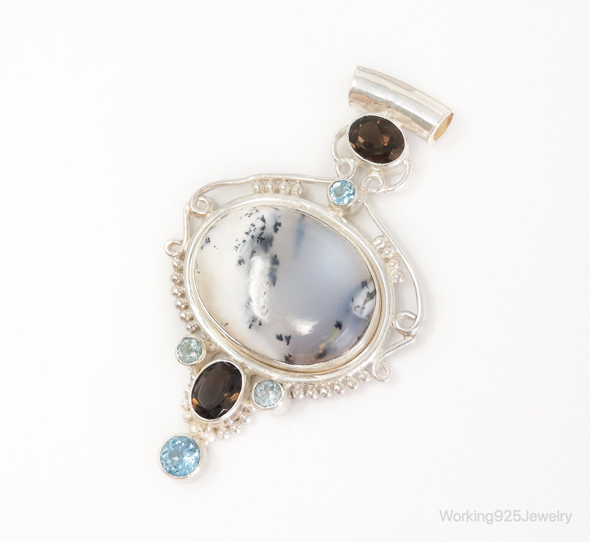 Large SAJEN Dendritic Agate Smoky Topaz Blue Topaz Sterling Silver Pendant | Jewelry > Necklaces > Pendants | Wiccan Center