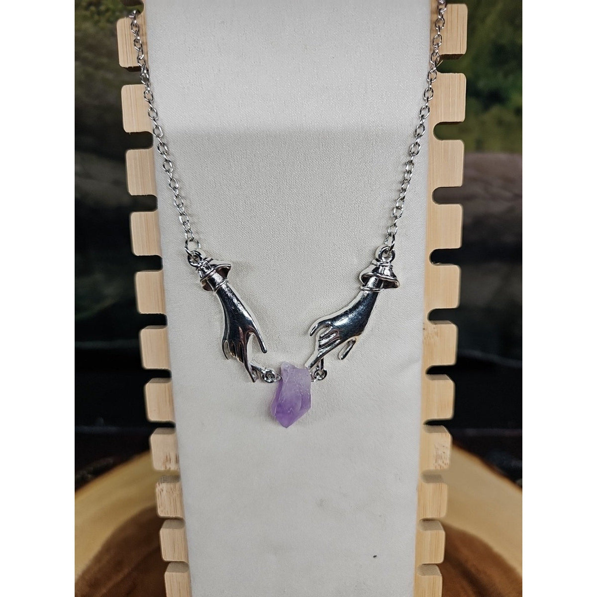 Amethyst Crystal Necklace 16in Stainless Steel