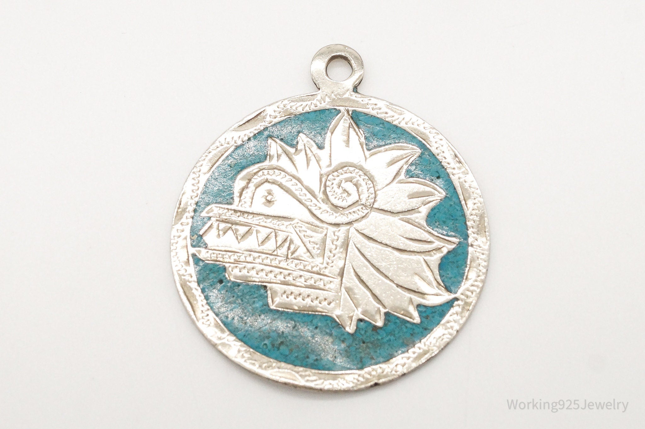 Vintage Large Mexico Mayan Aztec Warrior Mask Turquoise Alpaca Silver Pendant | Jewelry > Necklaces > Pendants | Wiccan Center