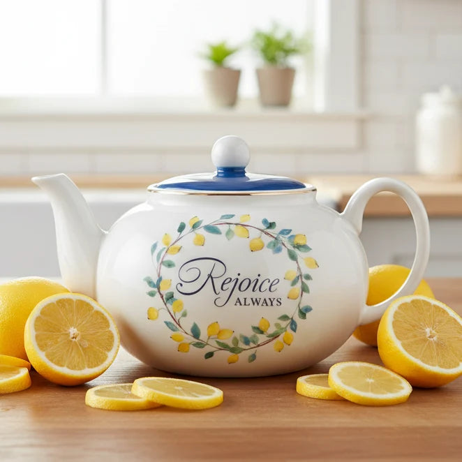 Blue "Rejoice" Flowers & Lemons Ceramic Teapot | Gifts | Wiccan Center