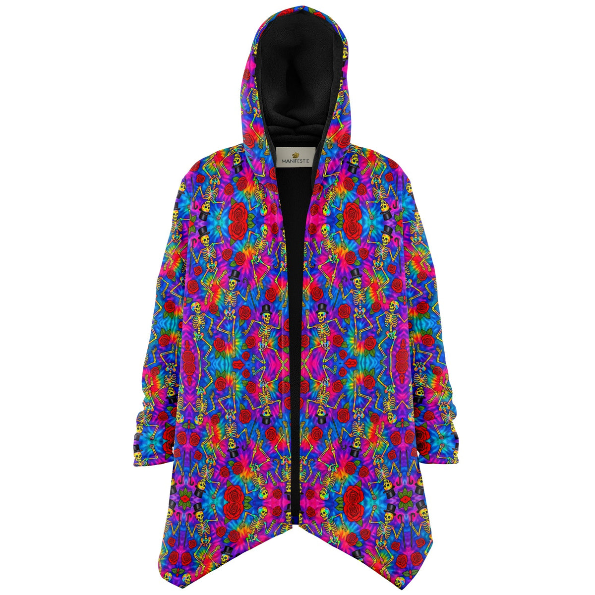 Tie Dye Dancing Skeleton Cuddle Cloak | Grateful Dead | Minky Sherpa Lined Coat with Hood, Zipper and Pockets | Women and Mens Festival Coat | Mountain Fashion | Microfleece Cloak - AOP | Wiccan Center