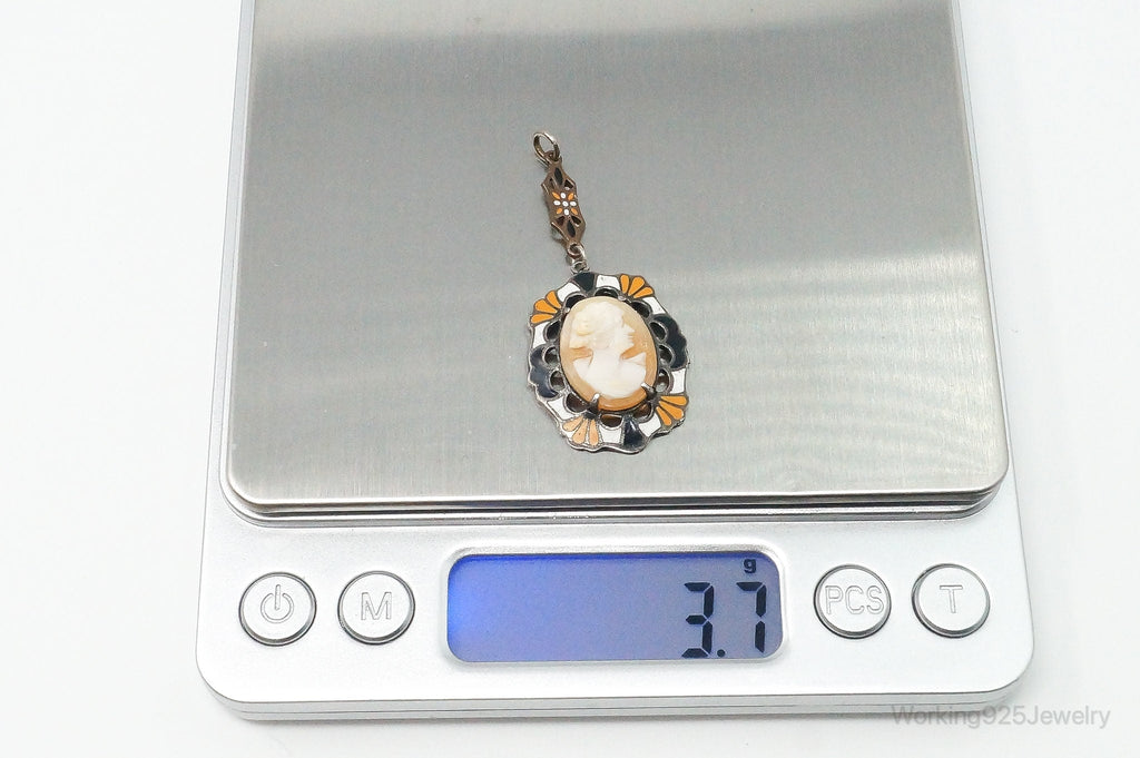 Antique Carved Woman Cameo Shell Enamel Sterling Silver Pendant | Jewelry > Necklaces > Pendants | Wiccan Center