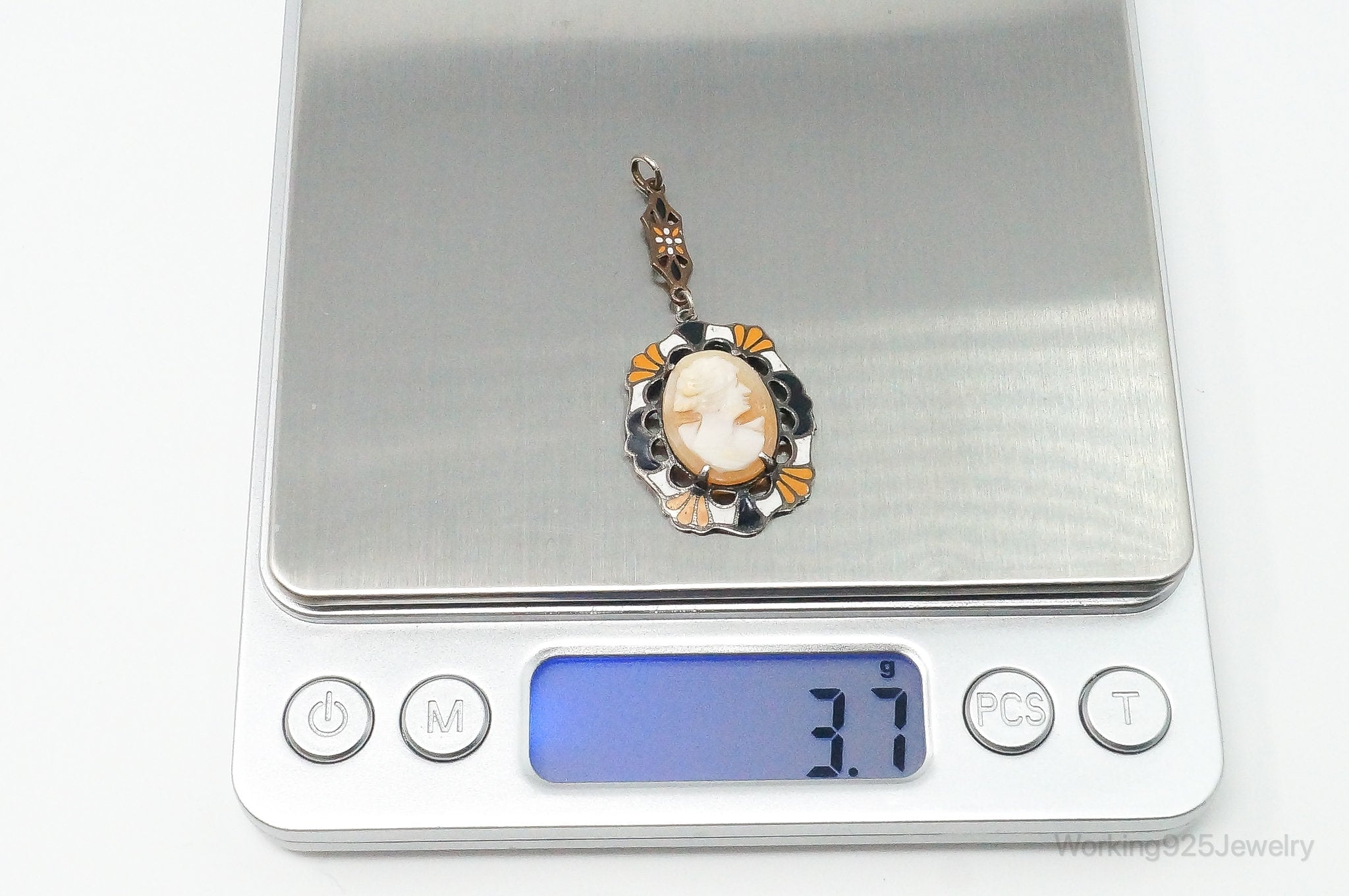 Antique Carved Woman Cameo Shell Enamel Sterling Silver Pendant | Jewelry > Necklaces > Pendants | Wiccan Center