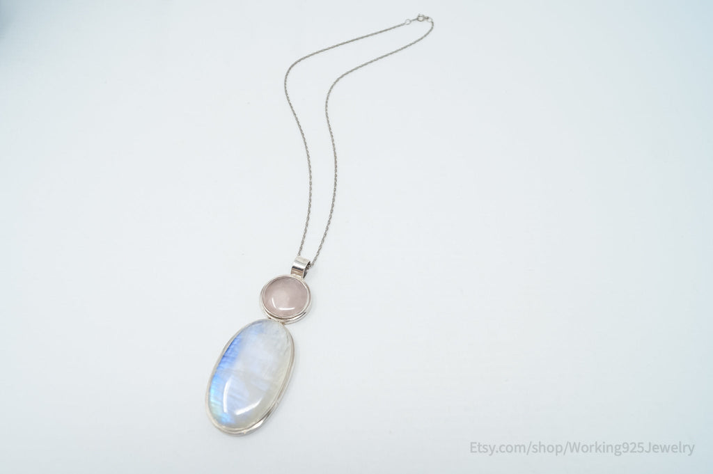 Vintage Large Moonstone Rose Quartz Sterling Silver Southwestern Necklace | Jewelry > Necklaces > Pendants | Wiccan Center