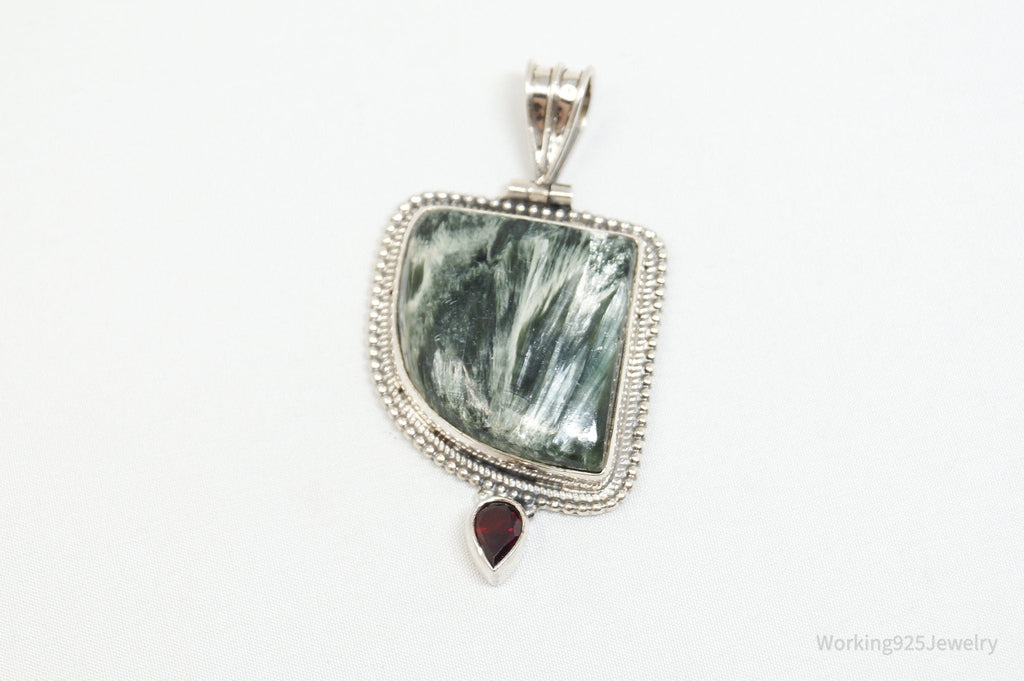 Vintage Large Green Seraphinite Garnet Sterling Silver Necklace Pendant | Jewelry > Necklaces > Pendants | Wiccan Center