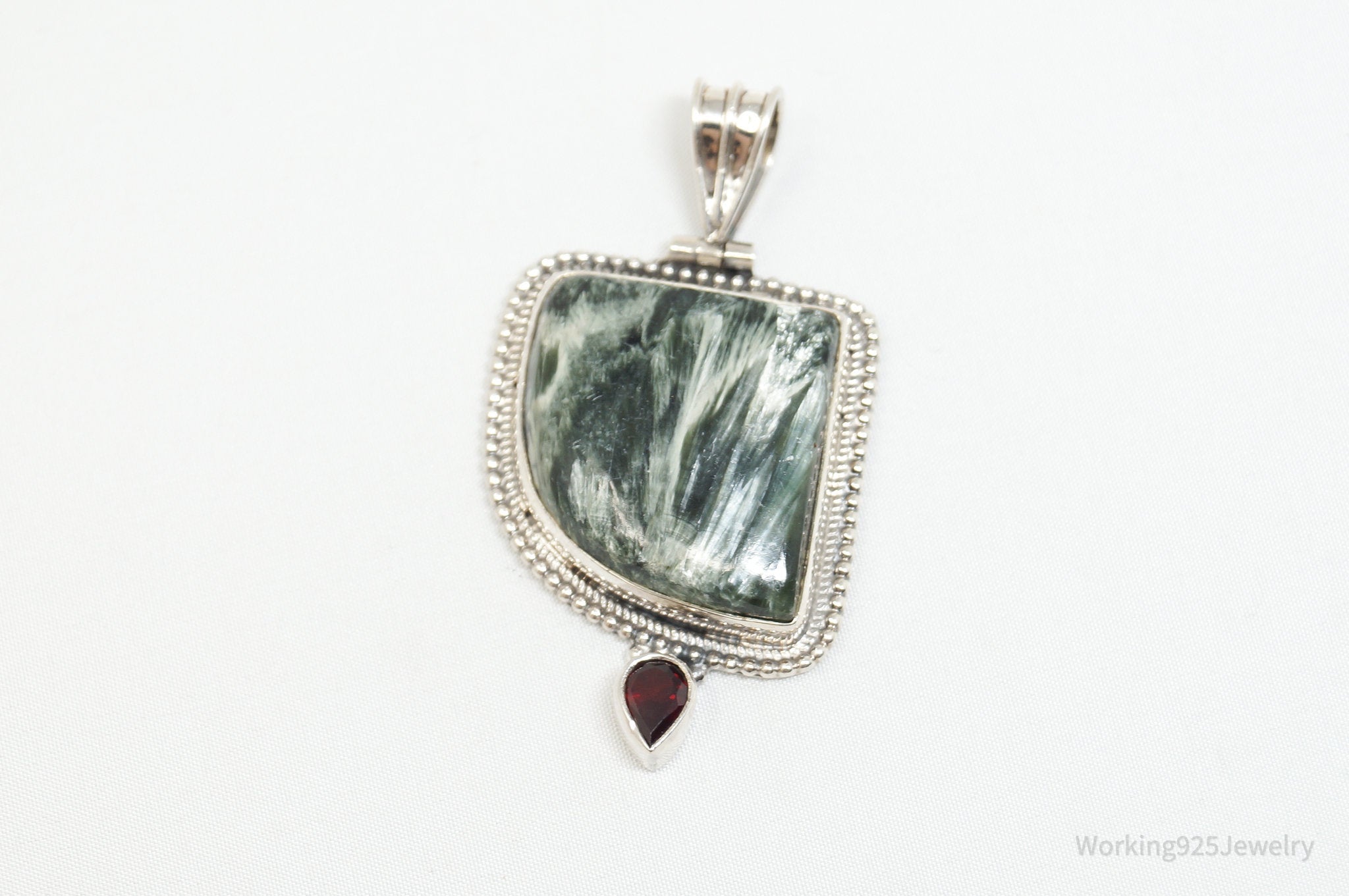 Vintage Large Green Seraphinite Garnet Sterling Silver Necklace Pendant | Jewelry > Necklaces > Pendants | Wiccan Center