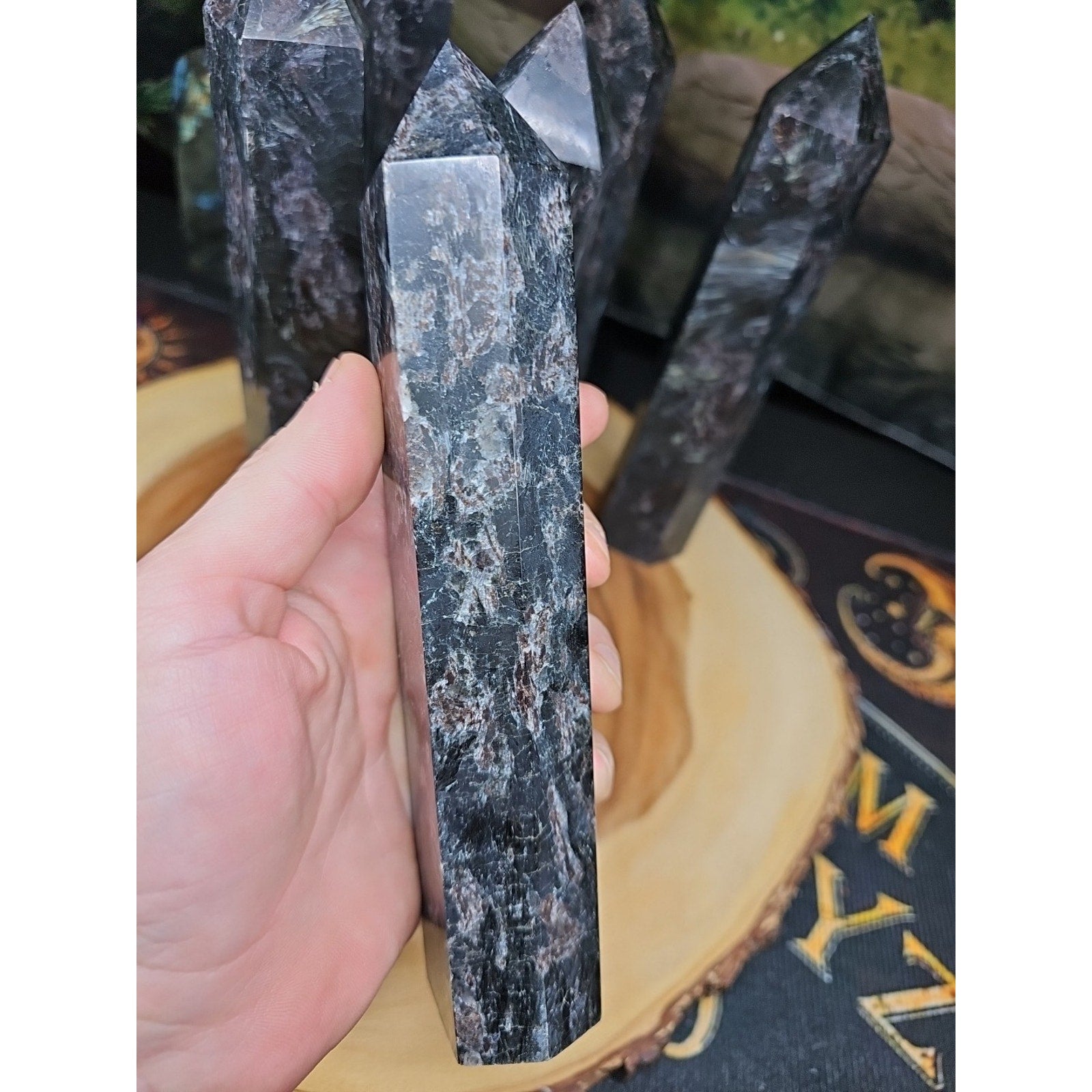 Arfvedsonite Garnet Crystal Tower with Blue Flash — 1.5–1.9 lbs, Polished | CrystalCloud Company | Crystal Points & Towers | Wiccan Center