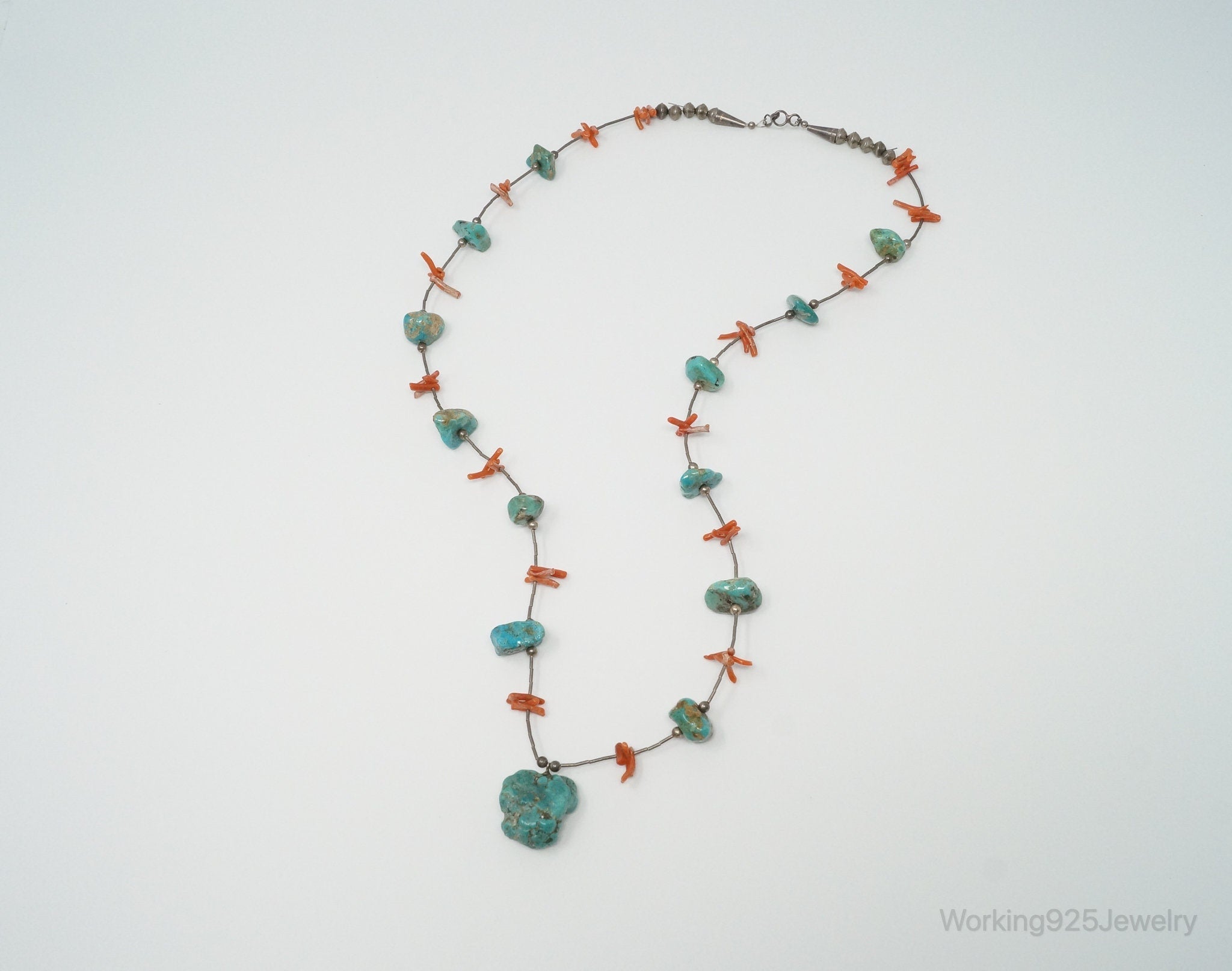 Vintage Native American Unsigned Turquoise Coral Sterling Silver Necklace | Jewelry > Necklaces > Pendants | Wiccan Center
