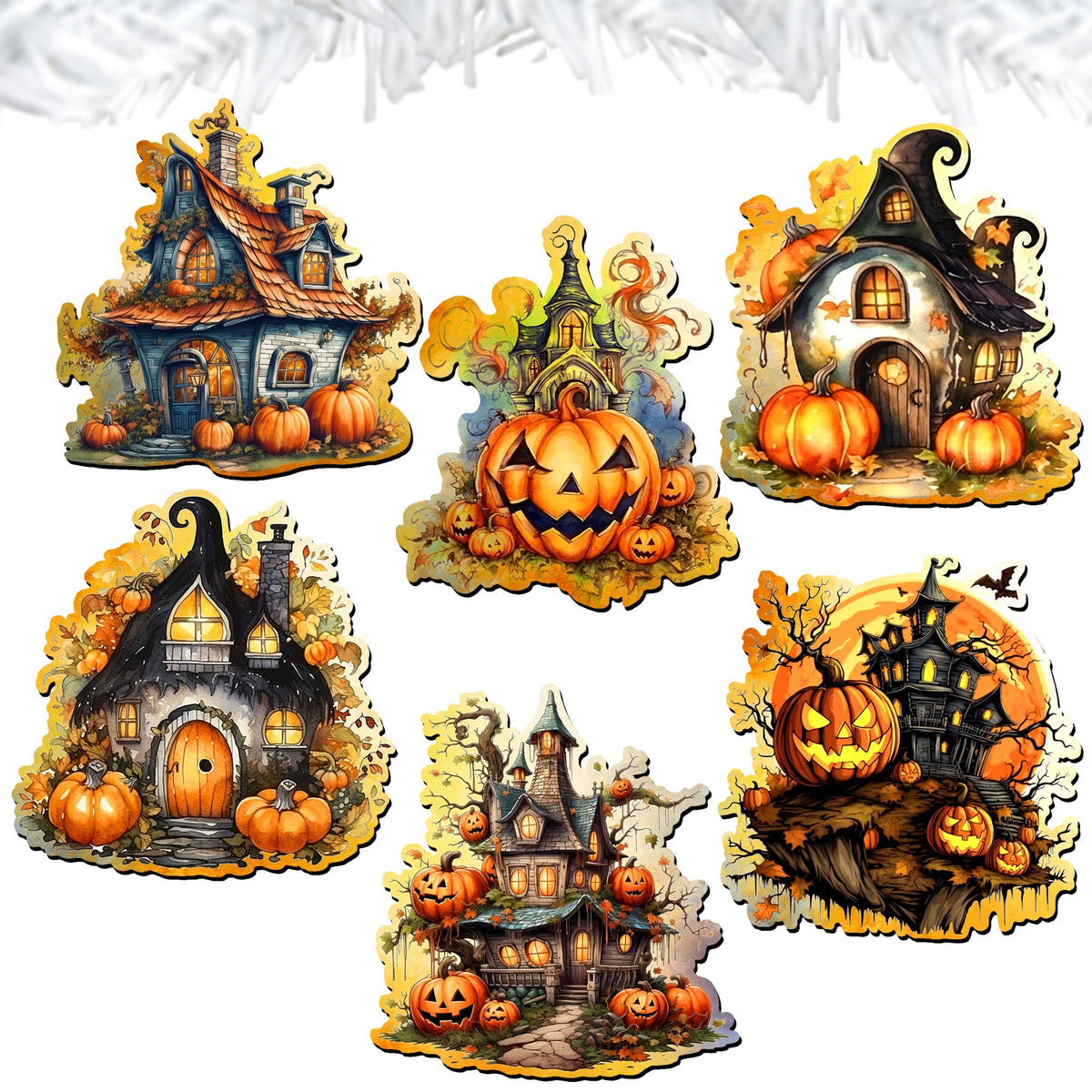 Spooky Houses Clip-On Eco Wood Decorative Ornaments Set of 6 by G. Debrekht - Halloween Decor - 8090007C-S6 | Decorative Clips | Wiccan Center
