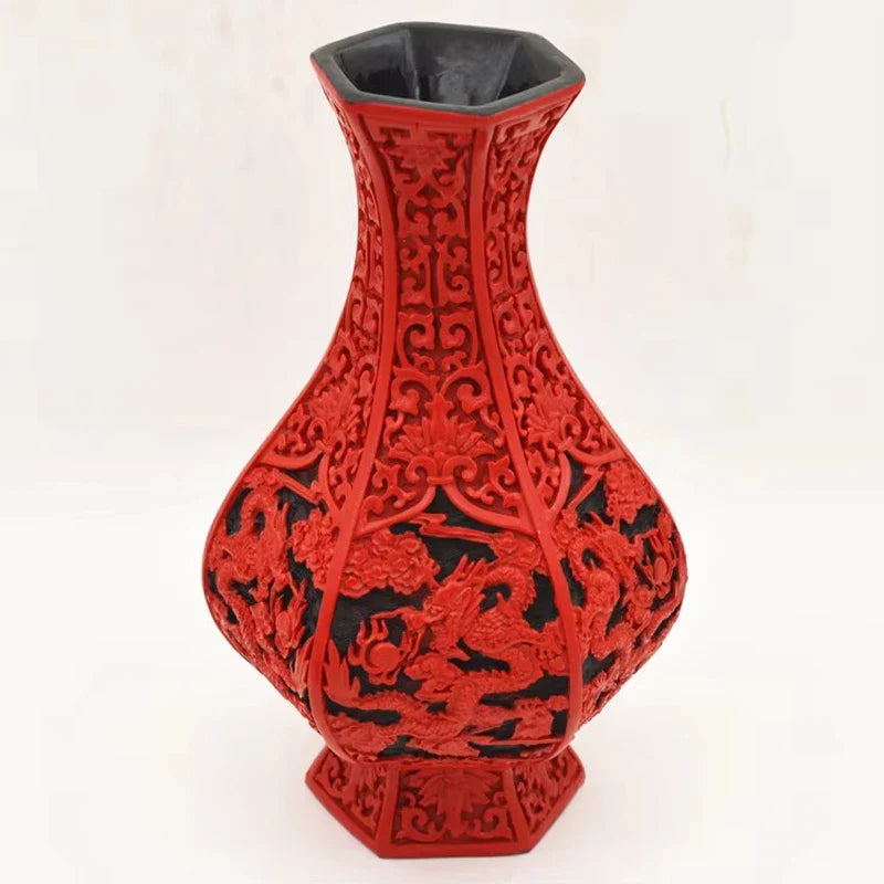 Red Lacquerware Dragon Vase – 10" Chinese Auspicious Decor
