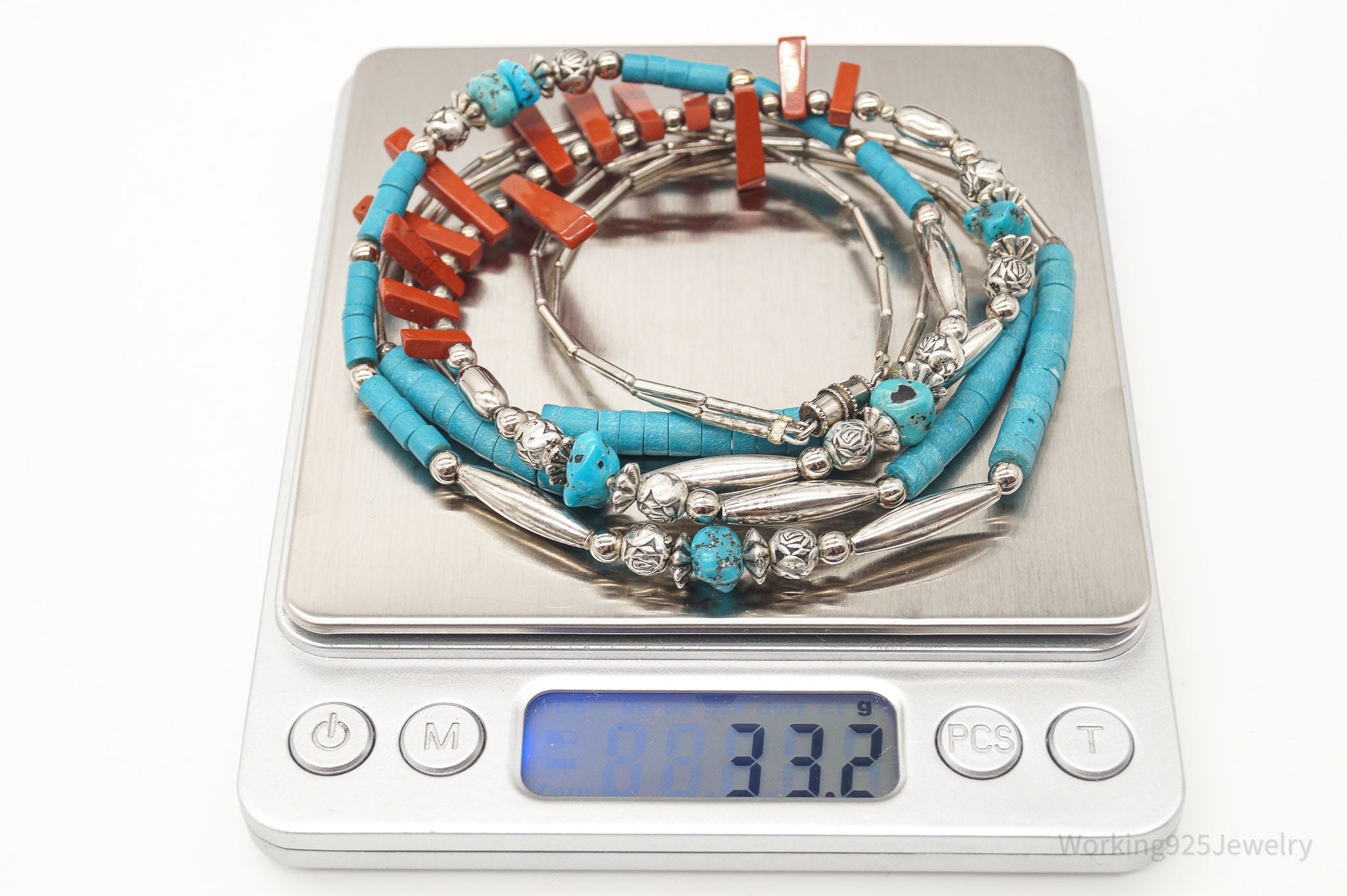Vintage Native American Red Jasper Blue Turquoise Silver Bead Necklace 24" | Jewelry > Necklaces | Wiccan Center