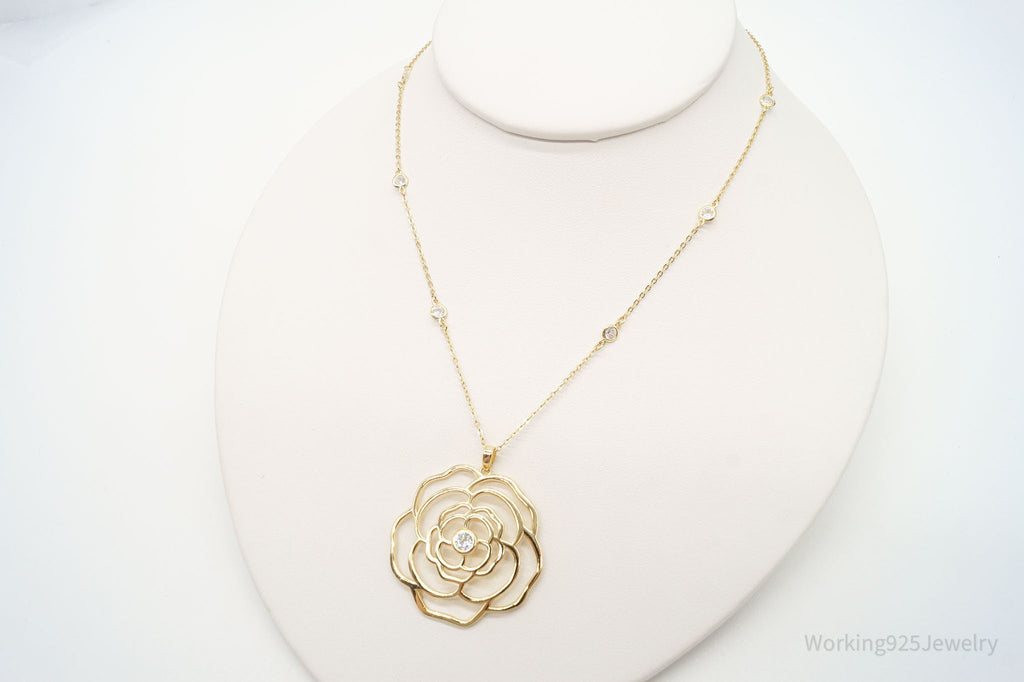 Vintage Cubic Zirconia Gold Vermeil Sterling Silver Flower Necklace 18" | Jewelry > Necklaces > Pendants | Wiccan Center
