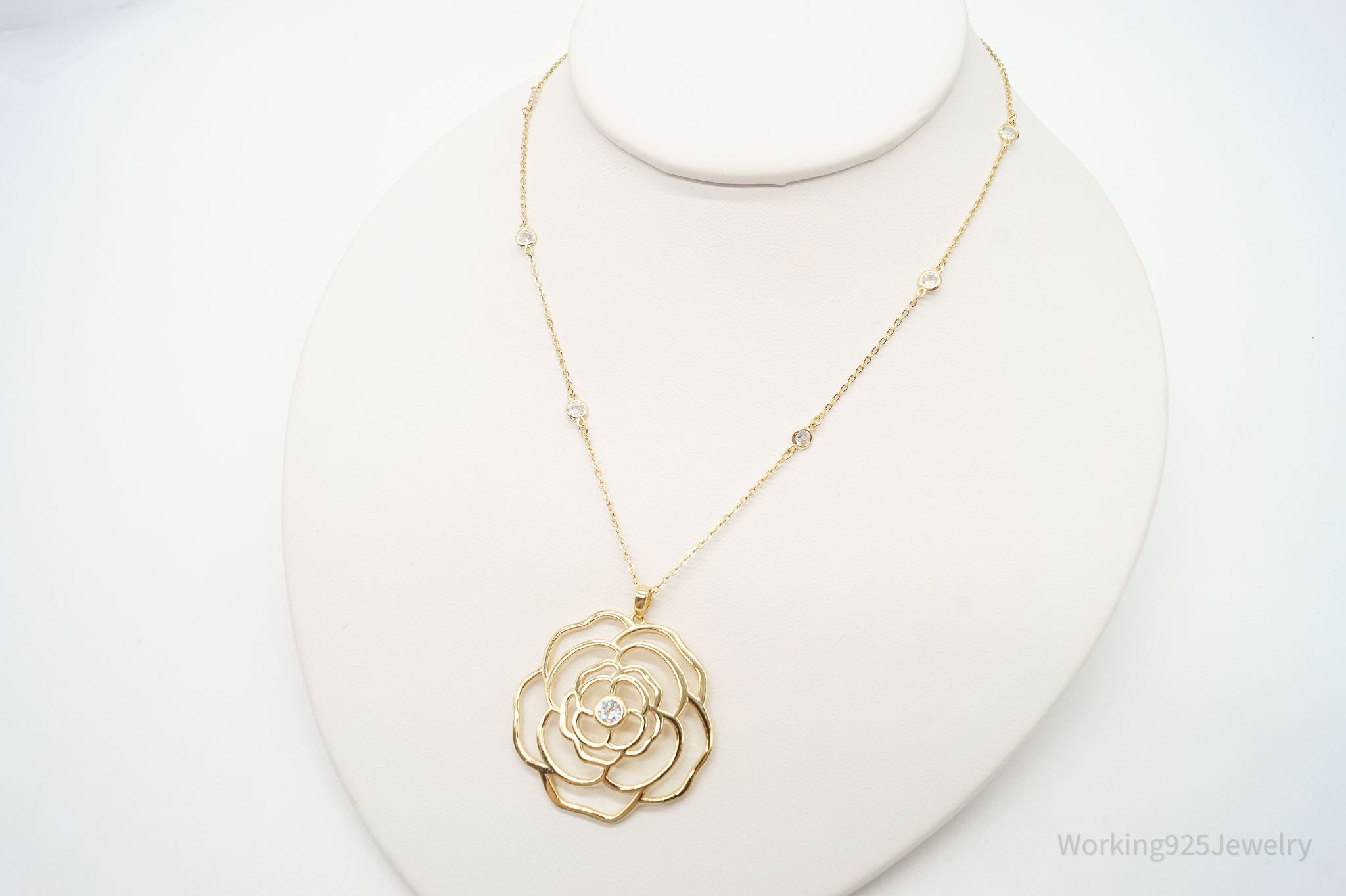Vintage Cubic Zirconia Gold Vermeil Sterling Silver Flower Necklace 18" | Jewelry > Necklaces > Pendants | Wiccan Center