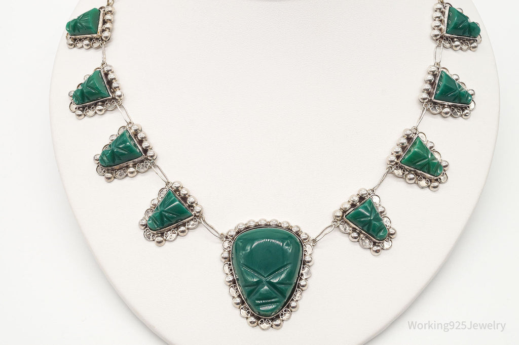 Vintage Mexico Green Onyx Carved Masks Sterling Silver Necklace | Jewelry > Necklaces > Pendants | Wiccan Center